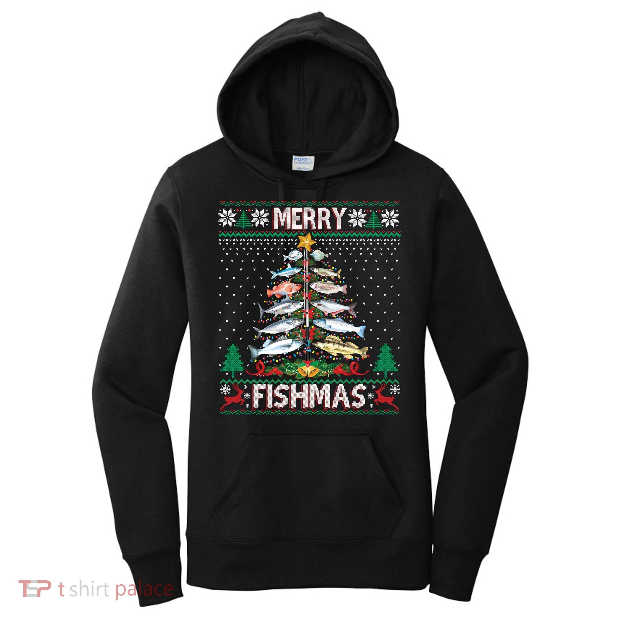 Merry Fishmas Ugly Sweater Fish Fishing Rod Christmas Tree Women's Hoodie