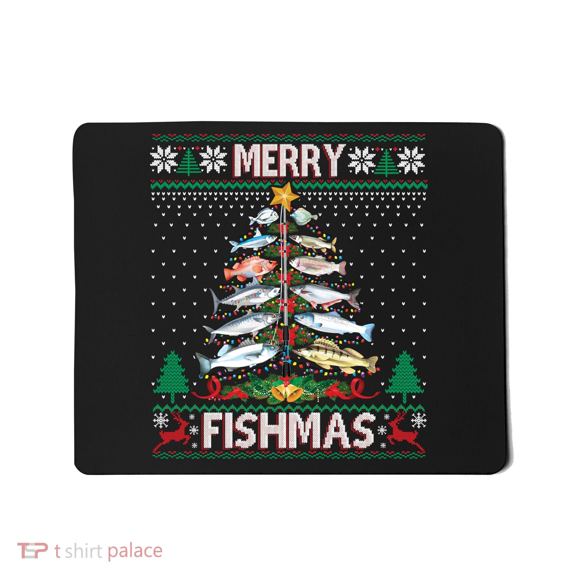 Merry Fishmas Ugly Sweater Fish Fishing Rod Christmas Tree Mousepad