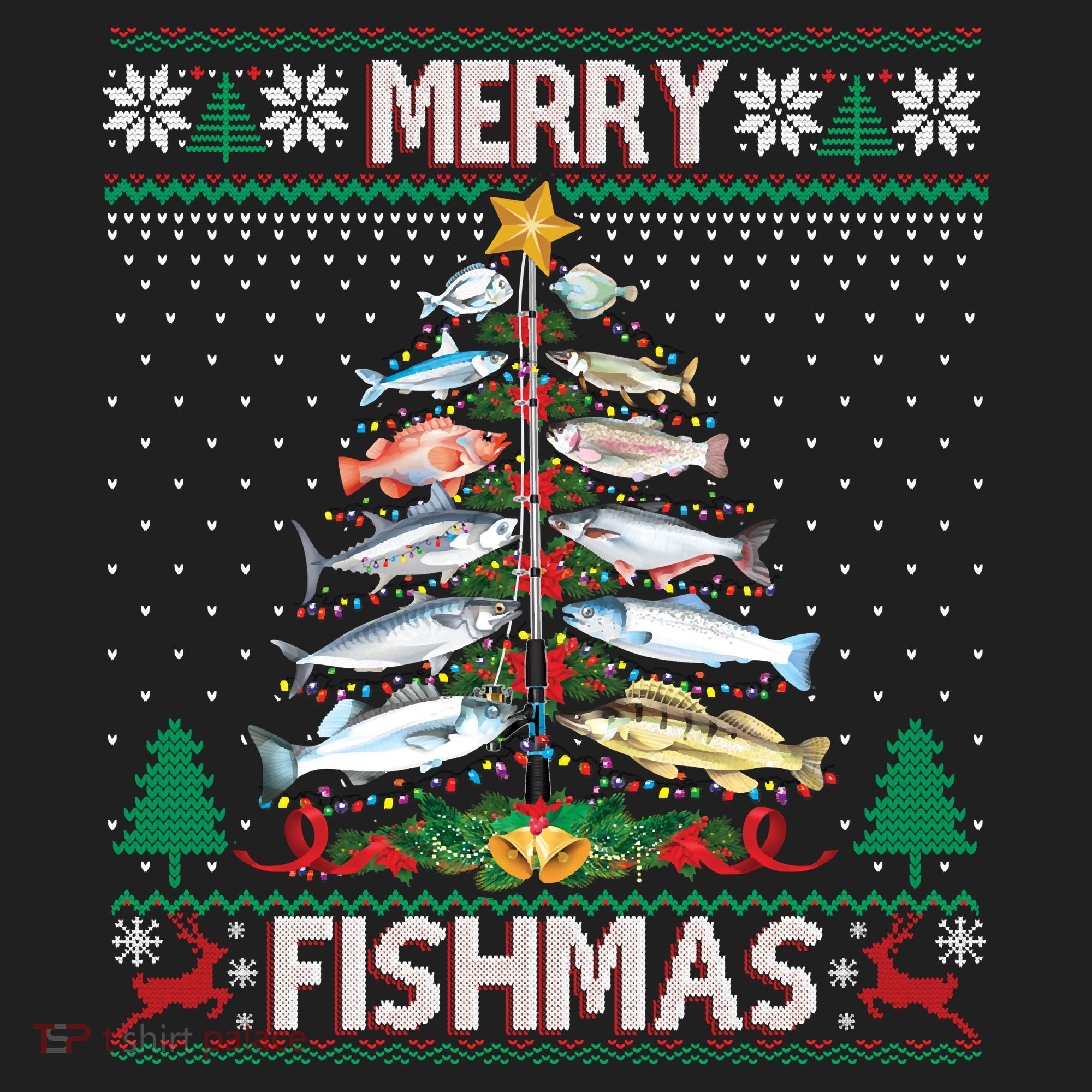Merry Fishmas Ugly Sweater Fish Fishing Rod Christmas Tree Hat