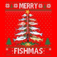 Merry Fishmas Ugly Sweater Fish Fishing Rod Christmas Tree Santa Hat thumb 1