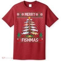 Merry Fishmas Ugly Sweater Fish Fishing Rod Christmas Tree T-Shirt thumb 0