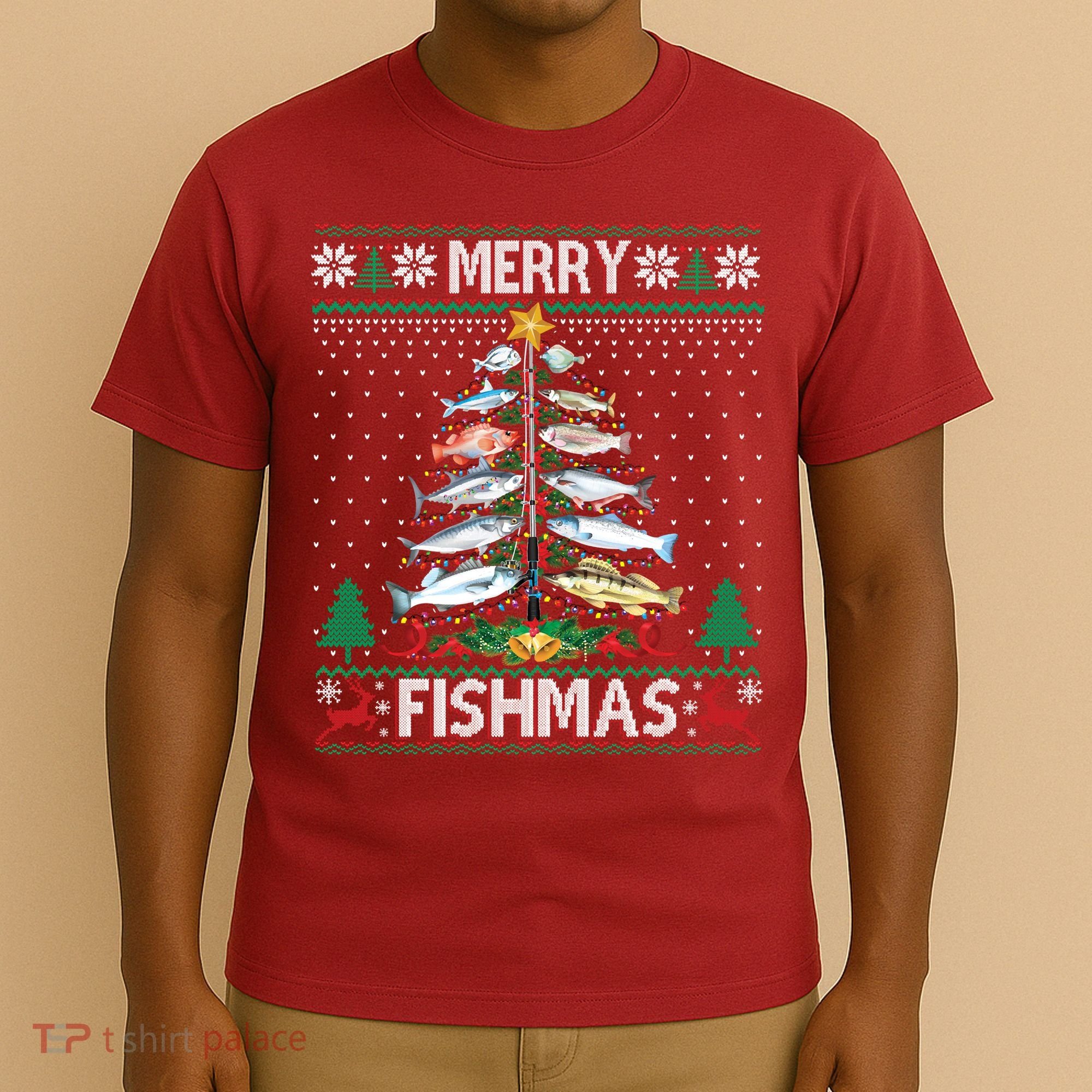 Merry Fishmas Ugly Sweater Fish Fishing Rod Christmas Tree T-Shirt