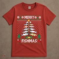 Merry Fishmas Ugly Sweater Fish Fishing Rod Christmas Tree T-Shirt thumb 4