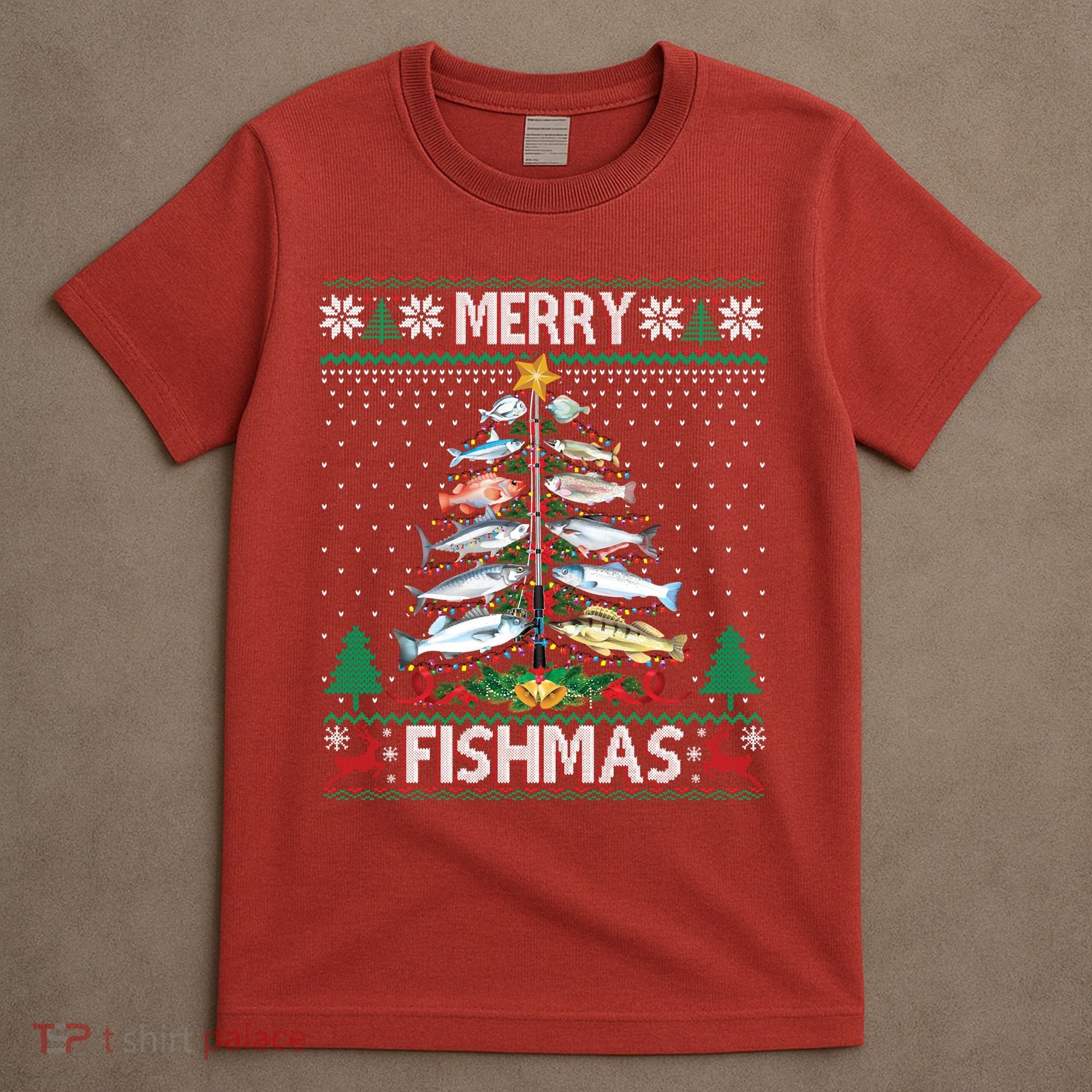 Merry Fishmas Ugly Sweater Fish Fishing Rod Christmas Tree T-Shirt