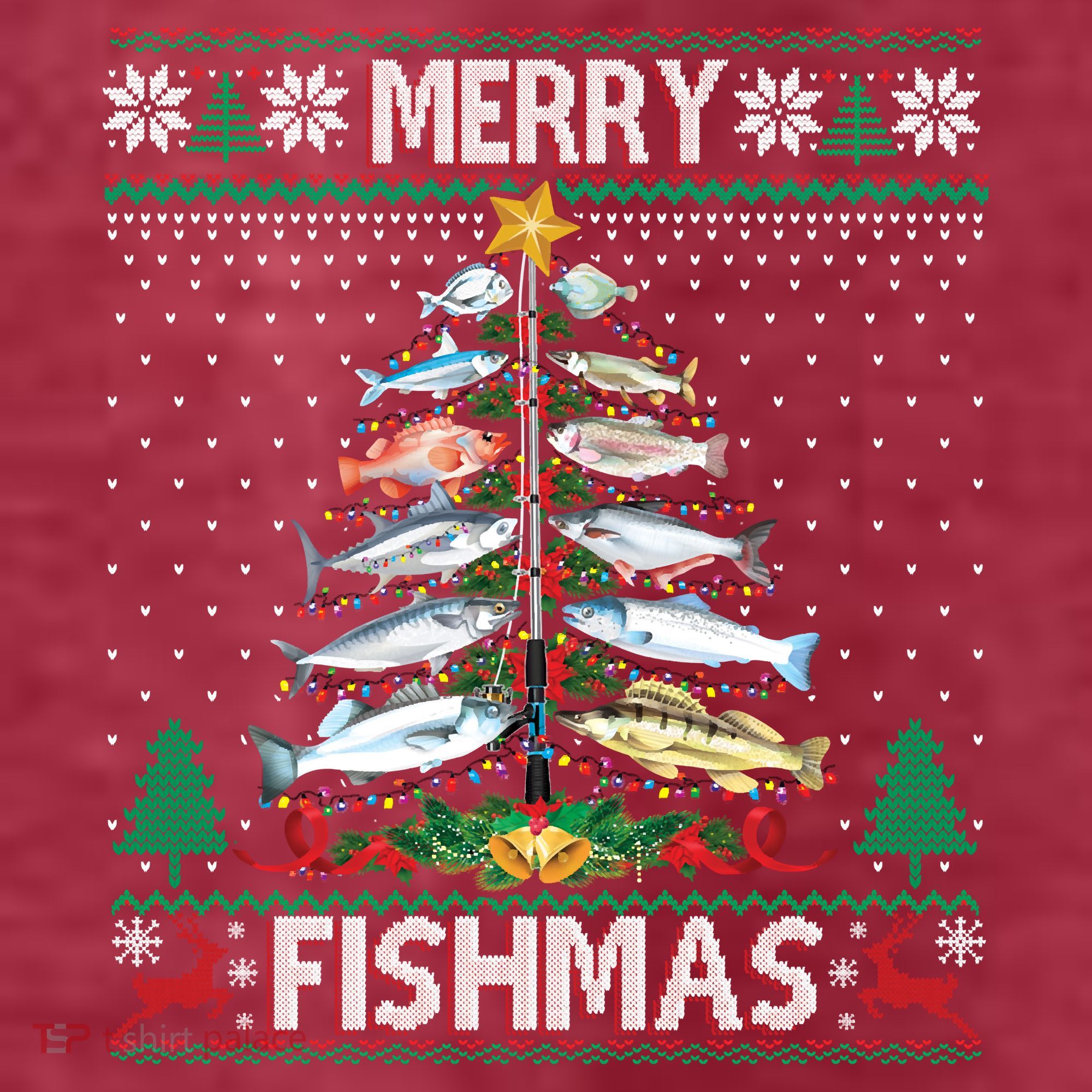 Merry Fishmas Ugly Sweater Fish Fishing Rod Christmas Tree Women's T-Shirt