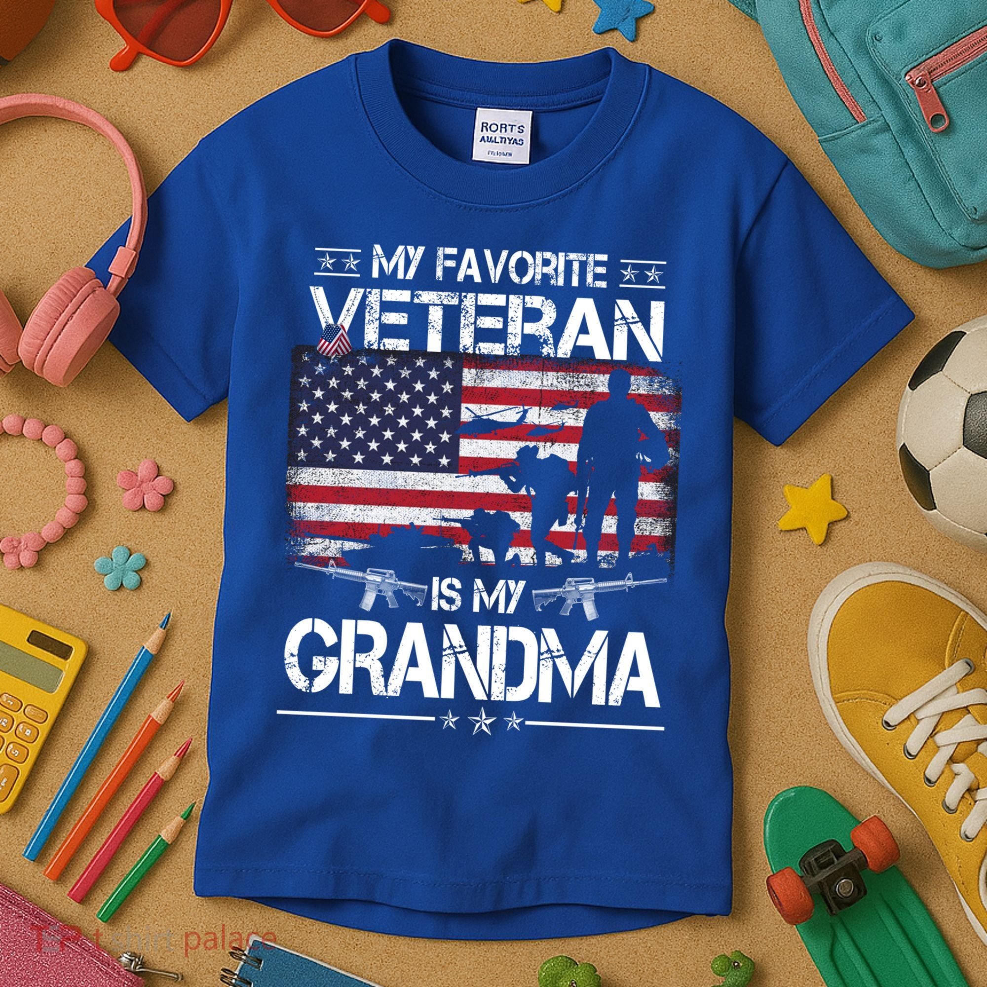 My Favorite Veteran Is My Grandma Cool Gift Flag Mother Veterans Day Funny Gift Kids T-Shirt