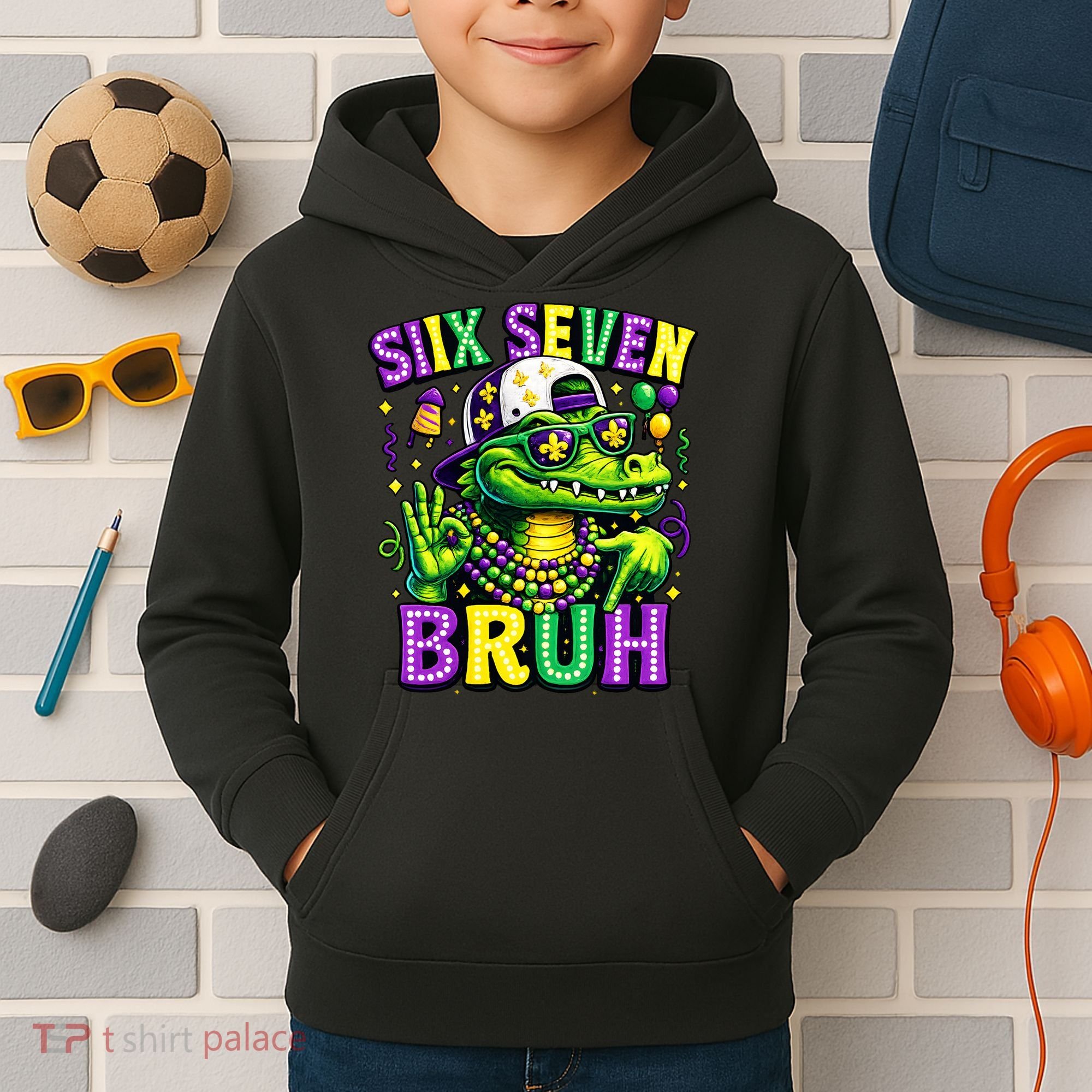 Mardi Gras 67 Six Seven Bruh Mardigator Alligator 6-7 Kids Hoodie