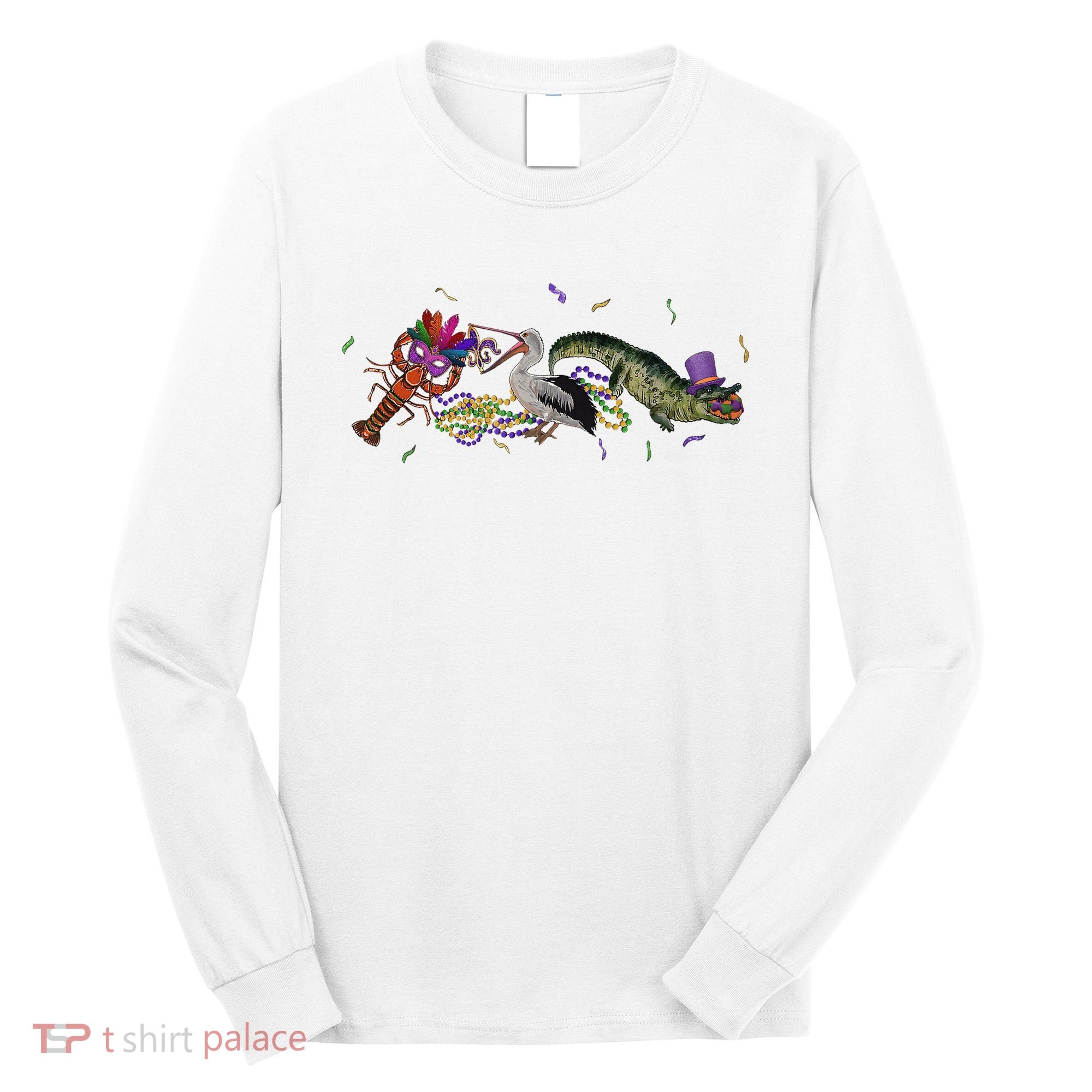 Mardi Gras Alligator Pelican Crawfish New Orleans Carnival Long Sleeve Shirt