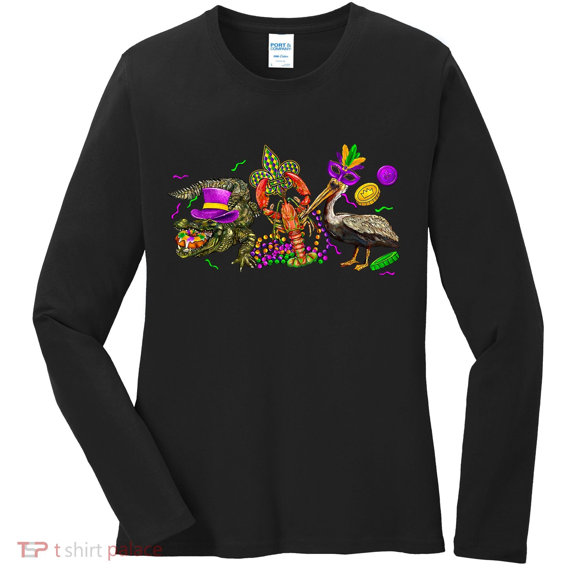 Mardi Gras ABC Alligator Brown Pelican Crawfish Louisiana Women's Long Sleeve Shirt