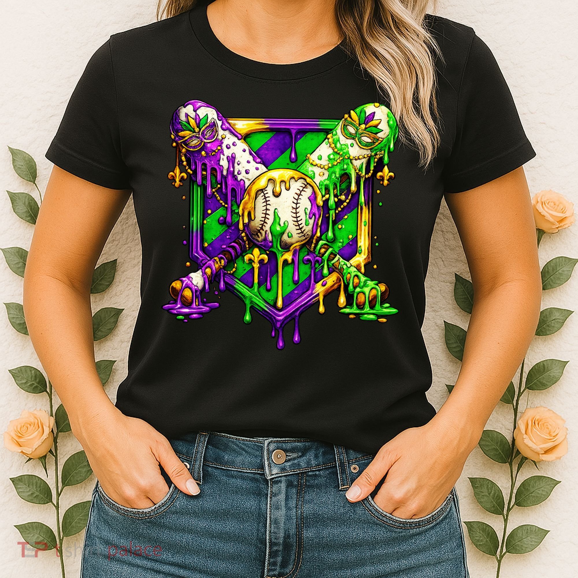 Mardi Gras Baseball Bat Ice Cream Drip Women's T-Shirt