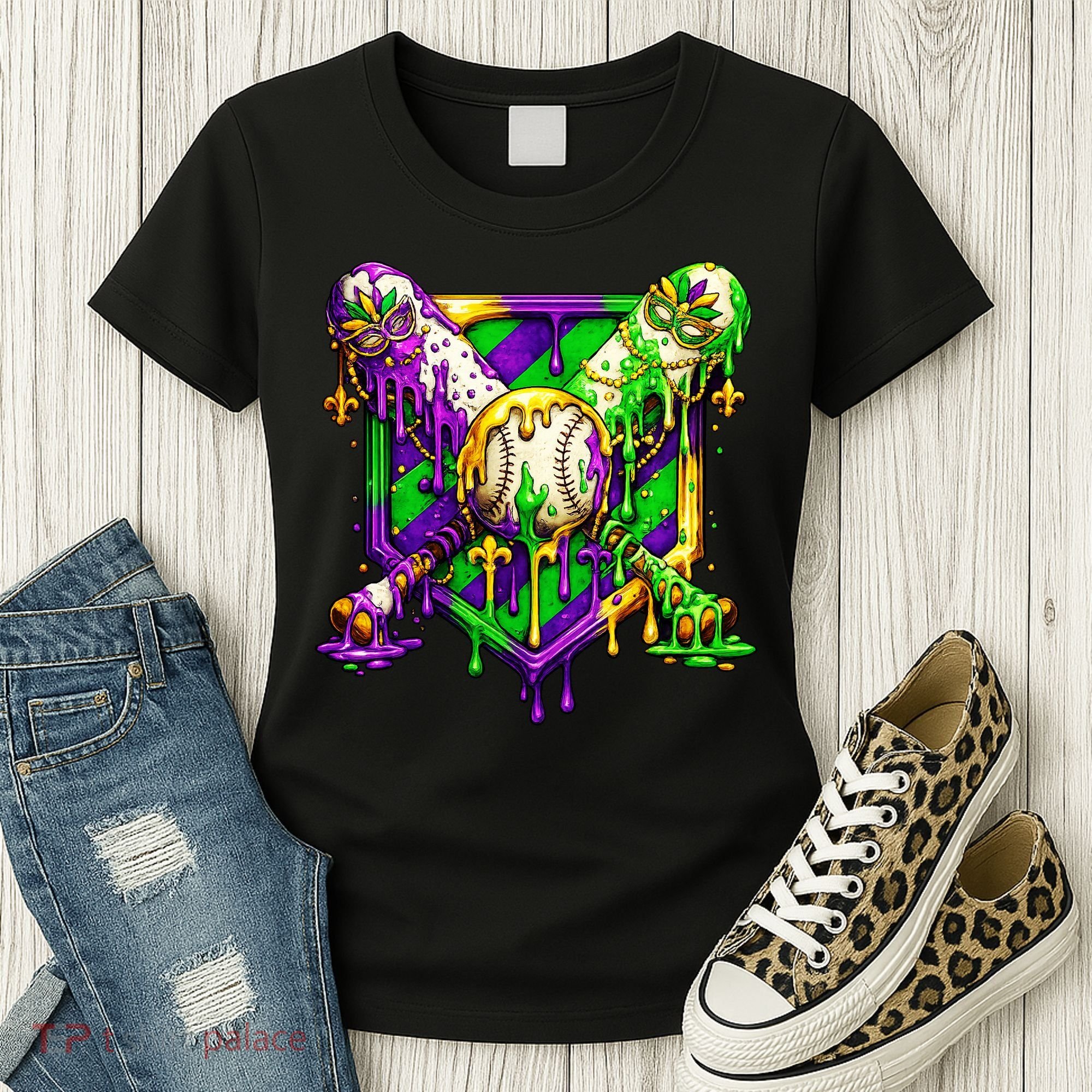 Mardi Gras Baseball Bat Ice Cream Drip Women's T-Shirt