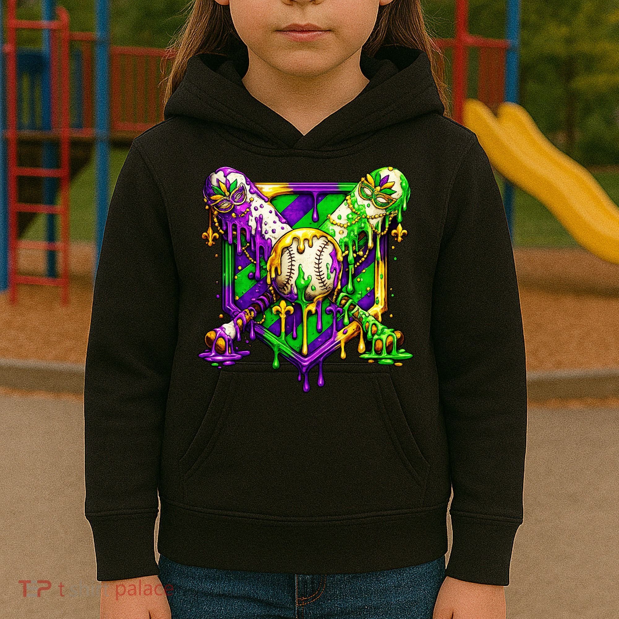 Mardi Gras Baseball Bat Ice Cream Drip Kids Hoodie