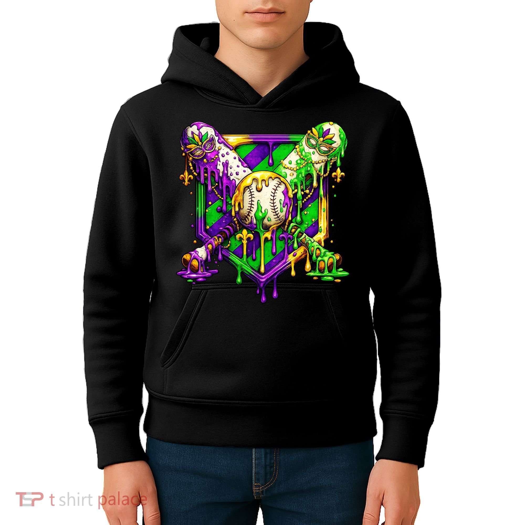 Mardi Gras Baseball Bat Ice Cream Drip Kids Hoodie