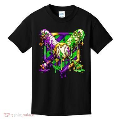 Mardi Gras Baseball Bat Ice Cream Drip Kids T-Shirt