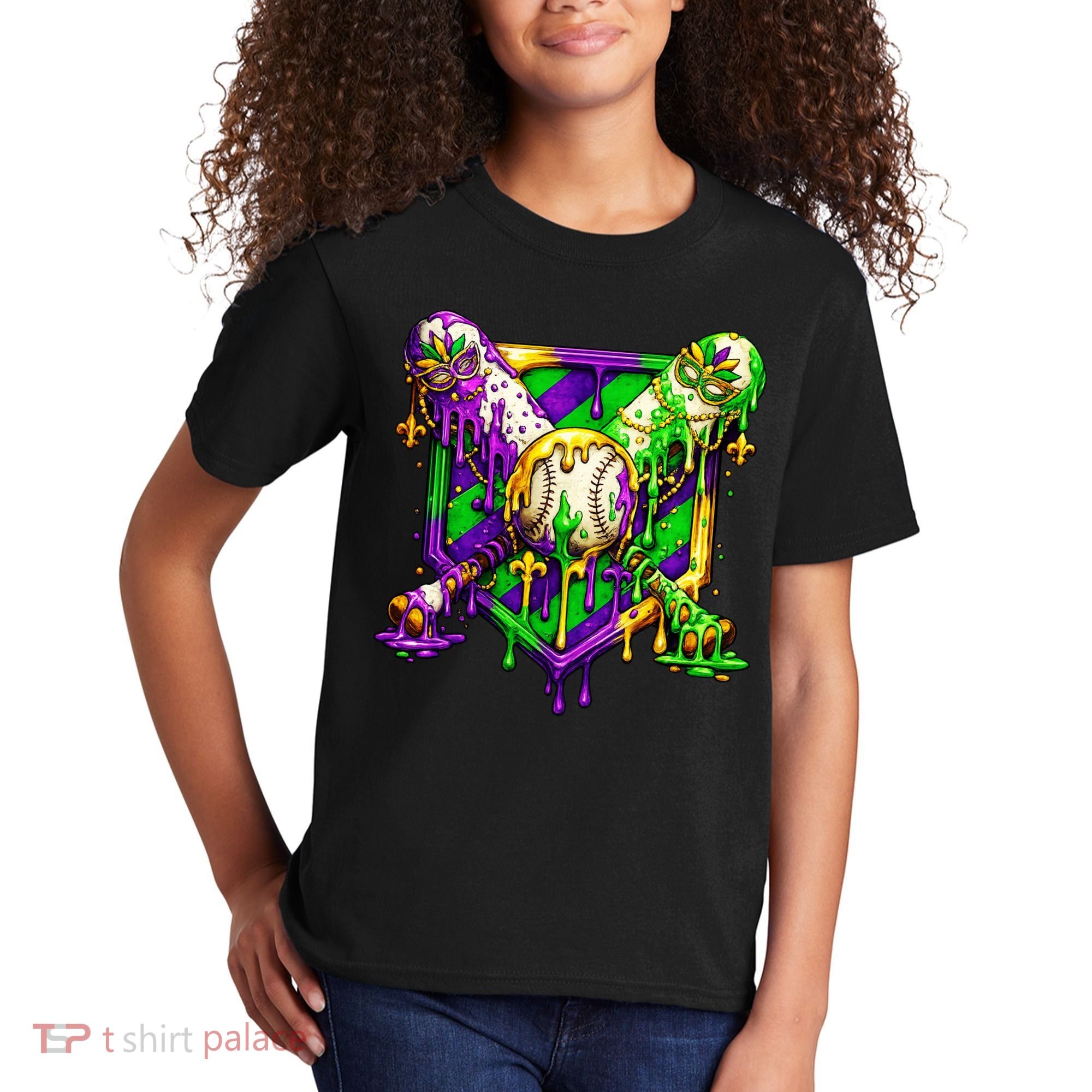 Mardi Gras Baseball Bat Ice Cream Drip Kids T-Shirt