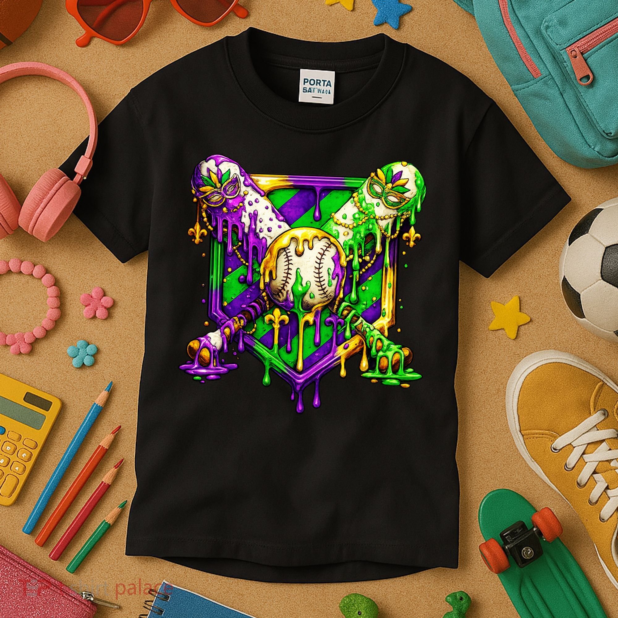 Mardi Gras Baseball Bat Ice Cream Drip Kids T-Shirt