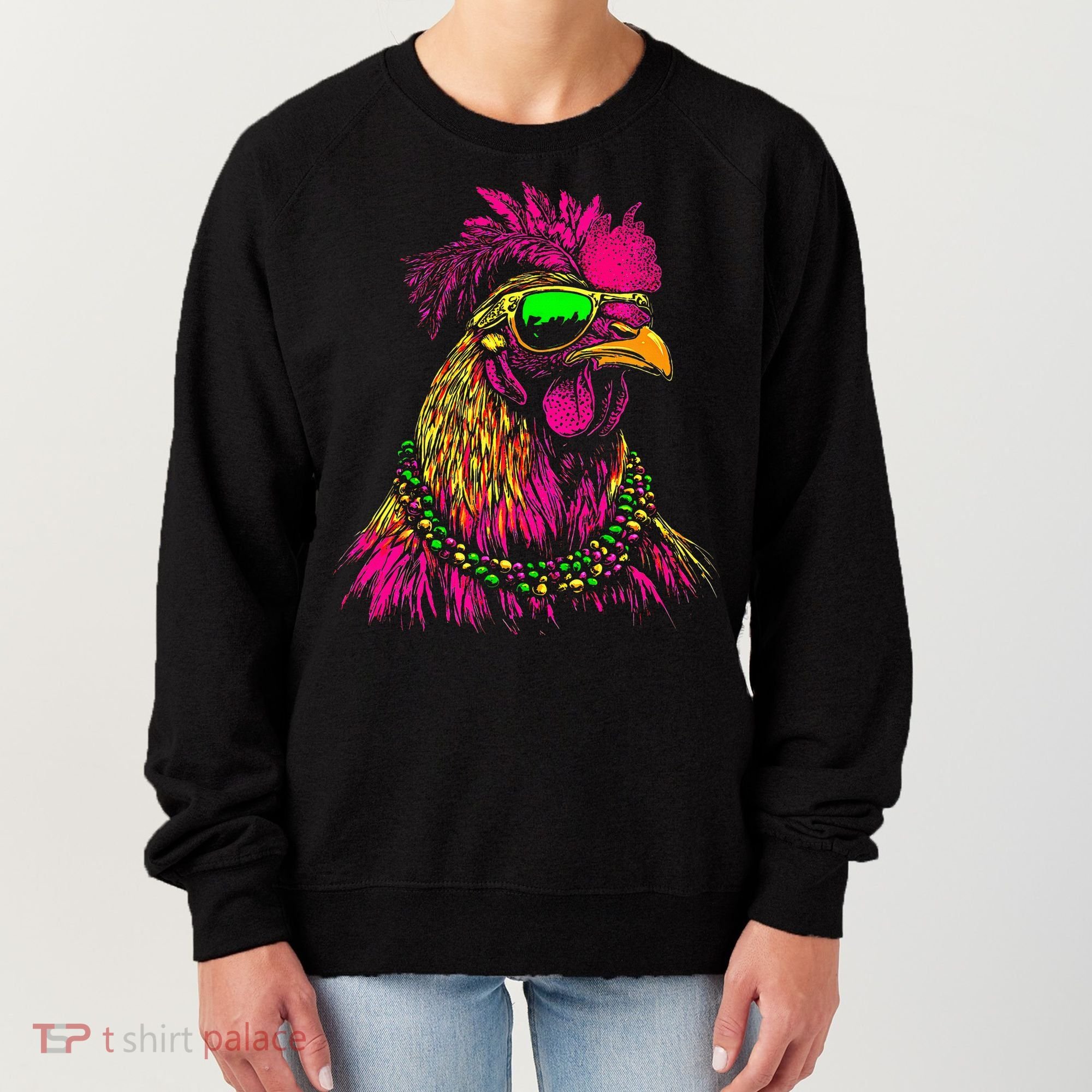 Mardi Gras Chicken Sunglasses Beads Farmer New Orleans Party Women's Sweatshirt