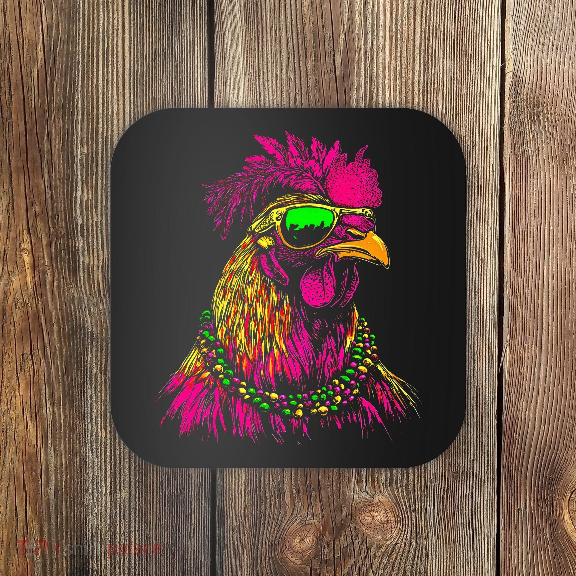Mardi Gras Chicken Sunglasses Beads Farmer New Orleans Party Coaster