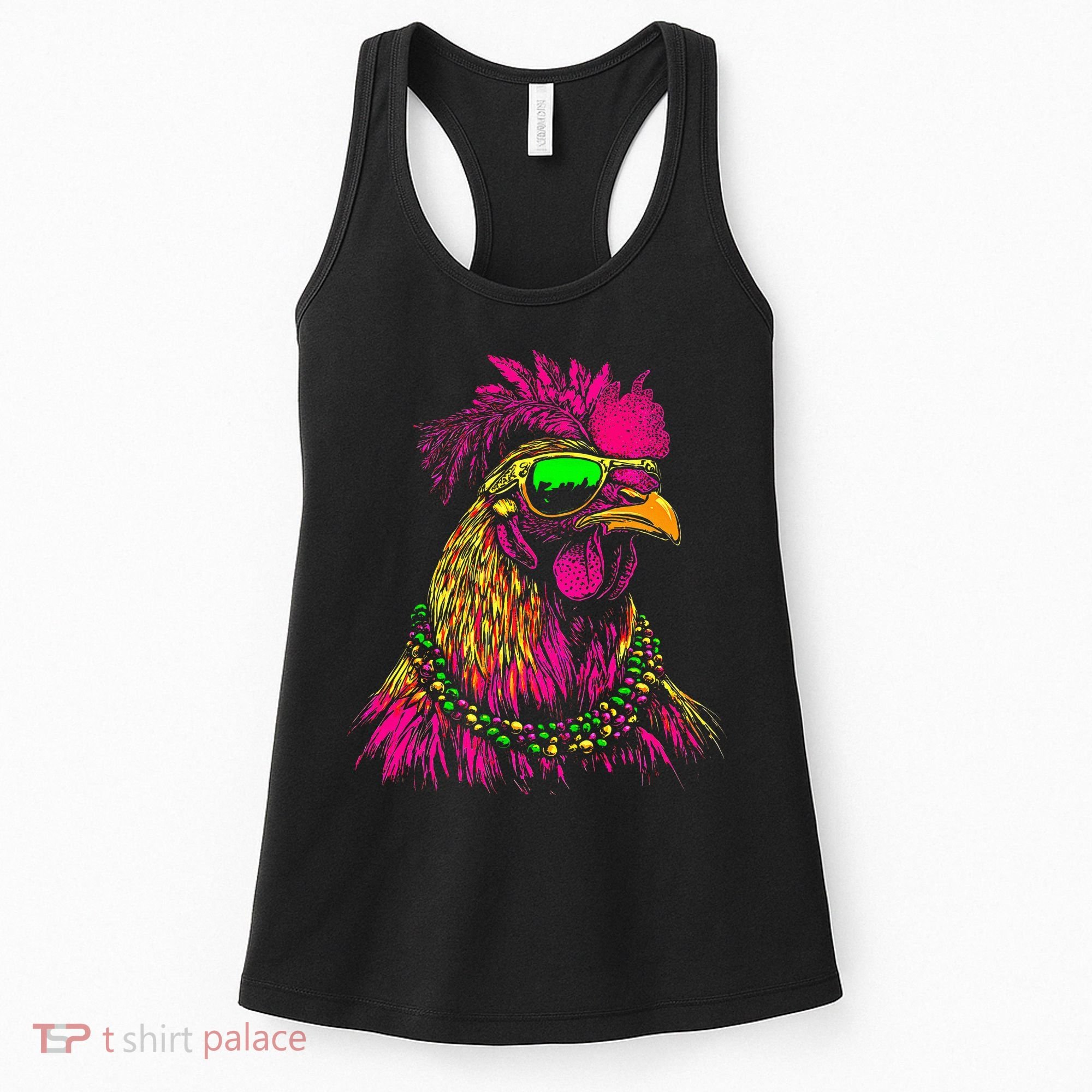 Mardi Gras Chicken Sunglasses Beads Farmer New Orleans Party Women's Tank Top