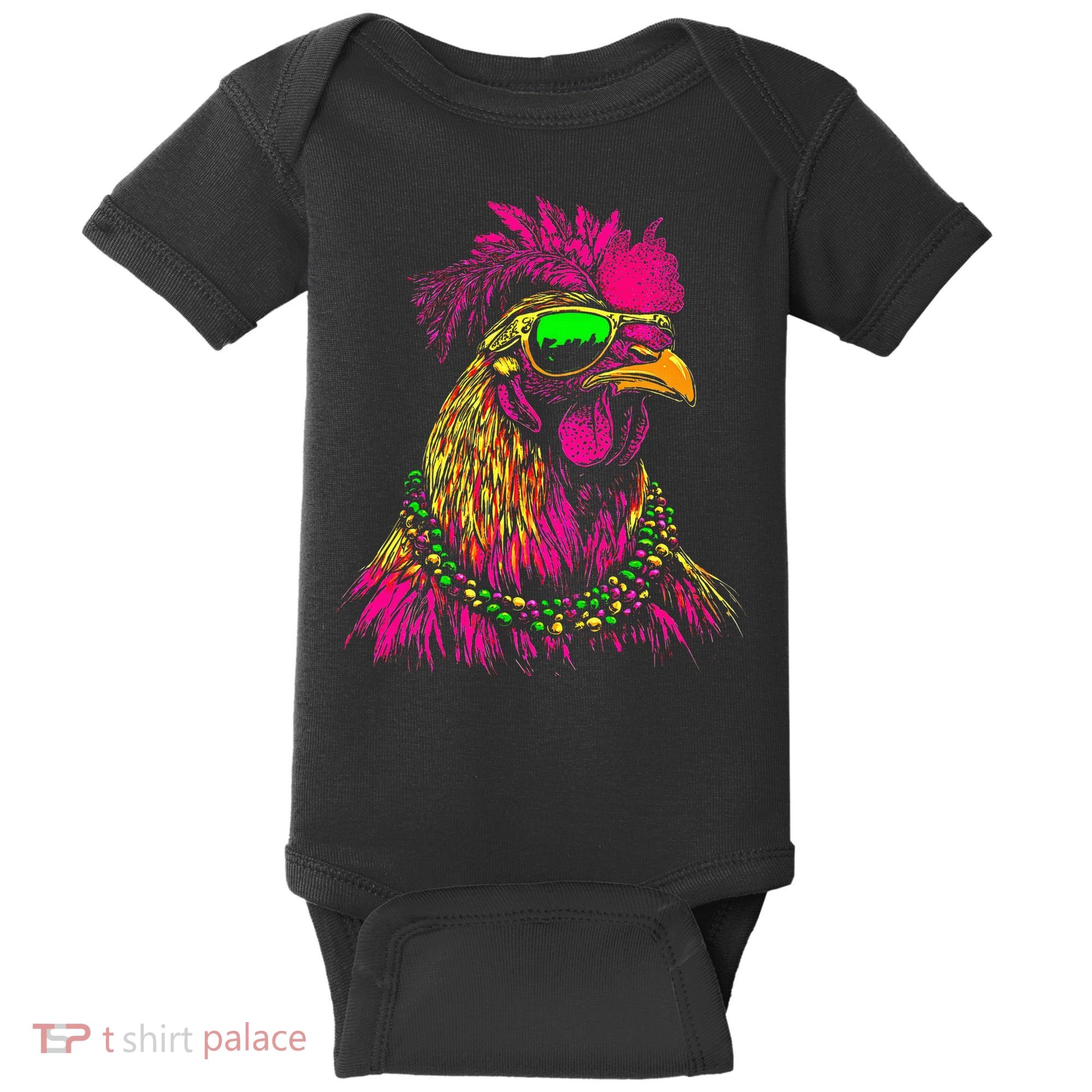 Mardi Gras Chicken Sunglasses Beads Farmer New Orleans Party Baby Bodysuit