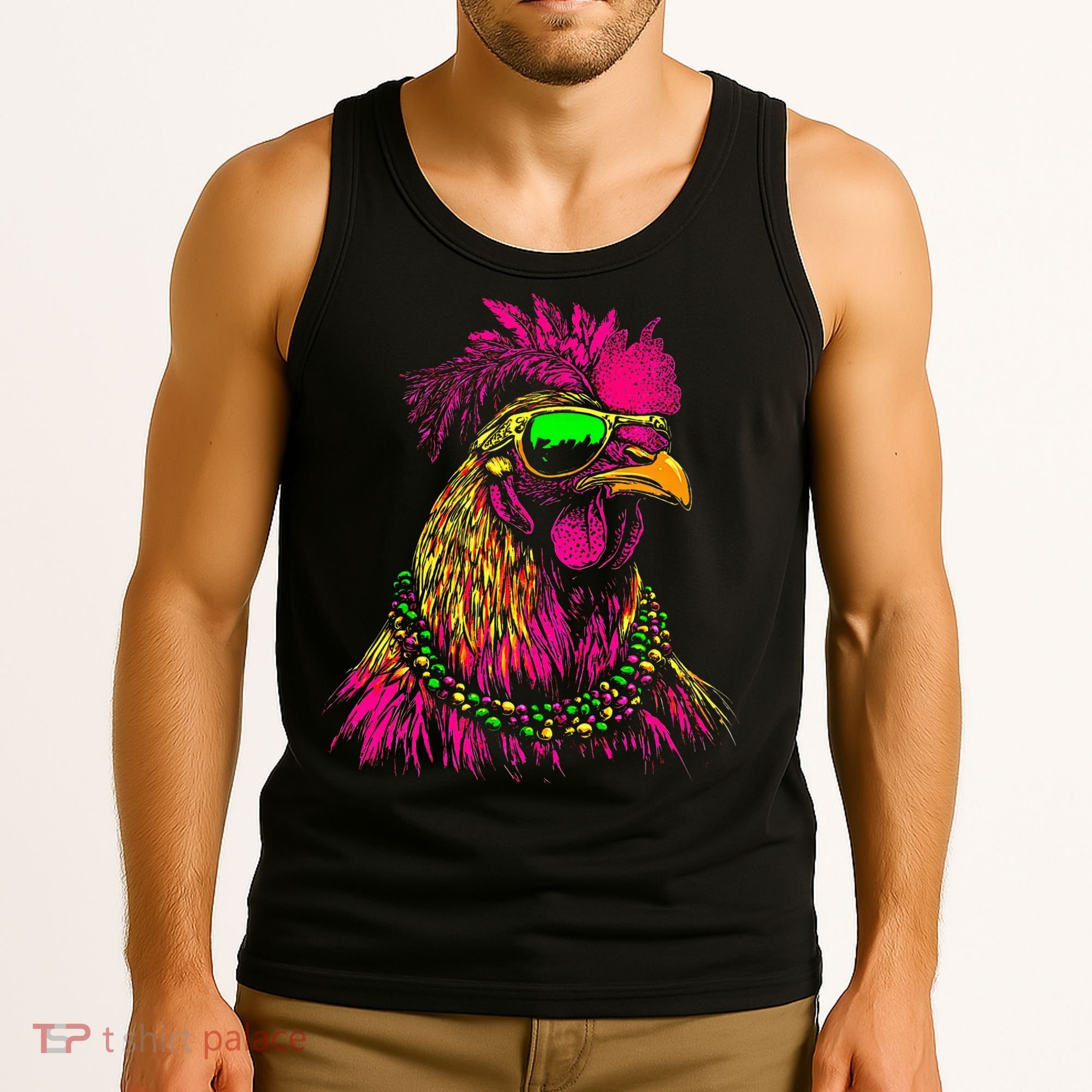 Mardi Gras Chicken Sunglasses Beads Farmer New Orleans Party Tank Top