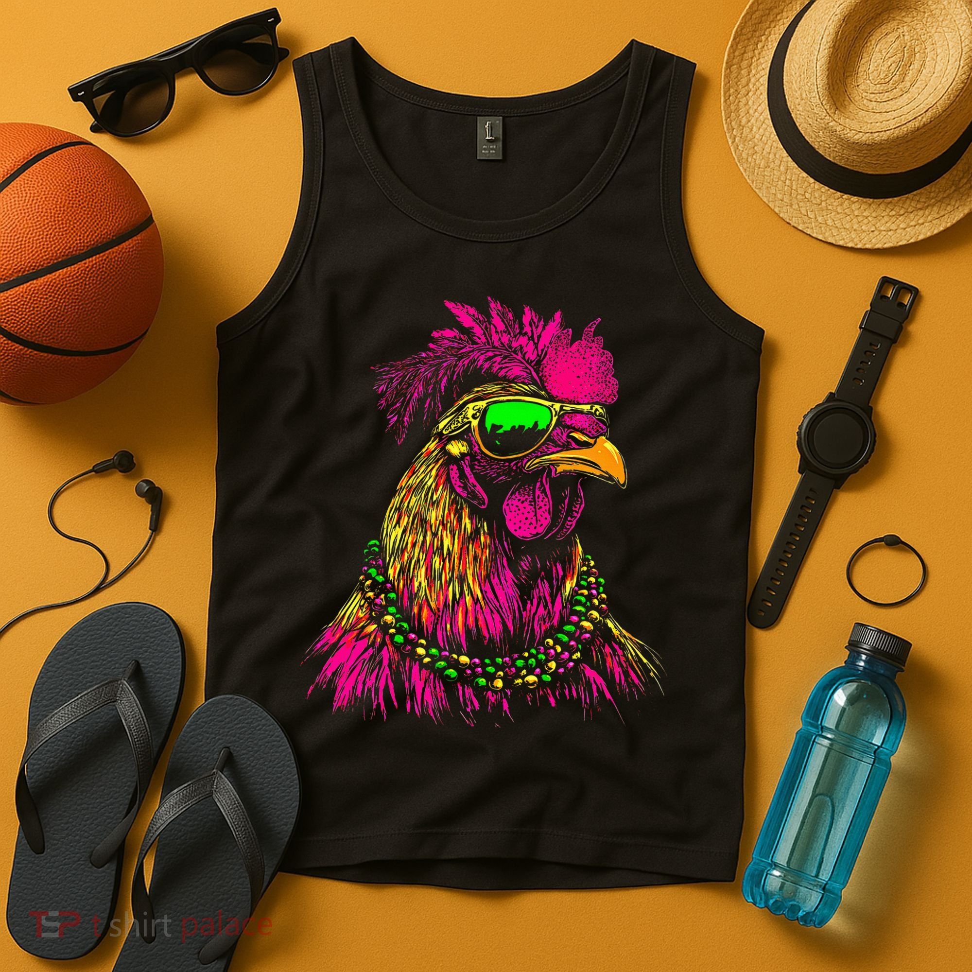 Mardi Gras Chicken Sunglasses Beads Farmer New Orleans Party Tank Top