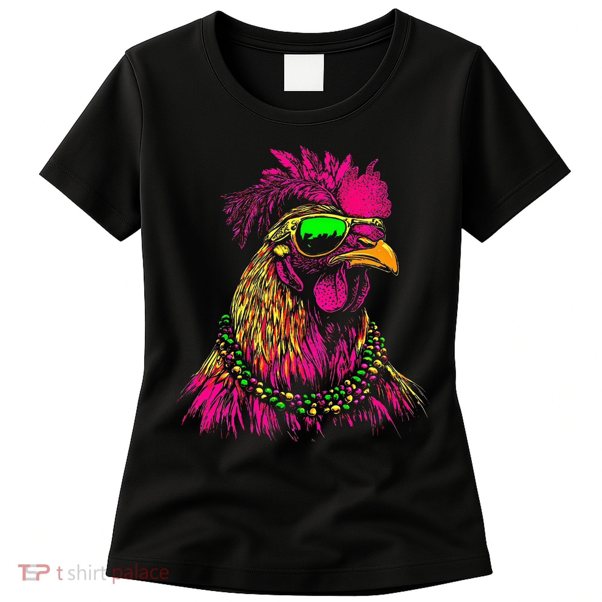 Mardi Gras Chicken Sunglasses Beads Farmer New Orleans Party Women's T-Shirt
