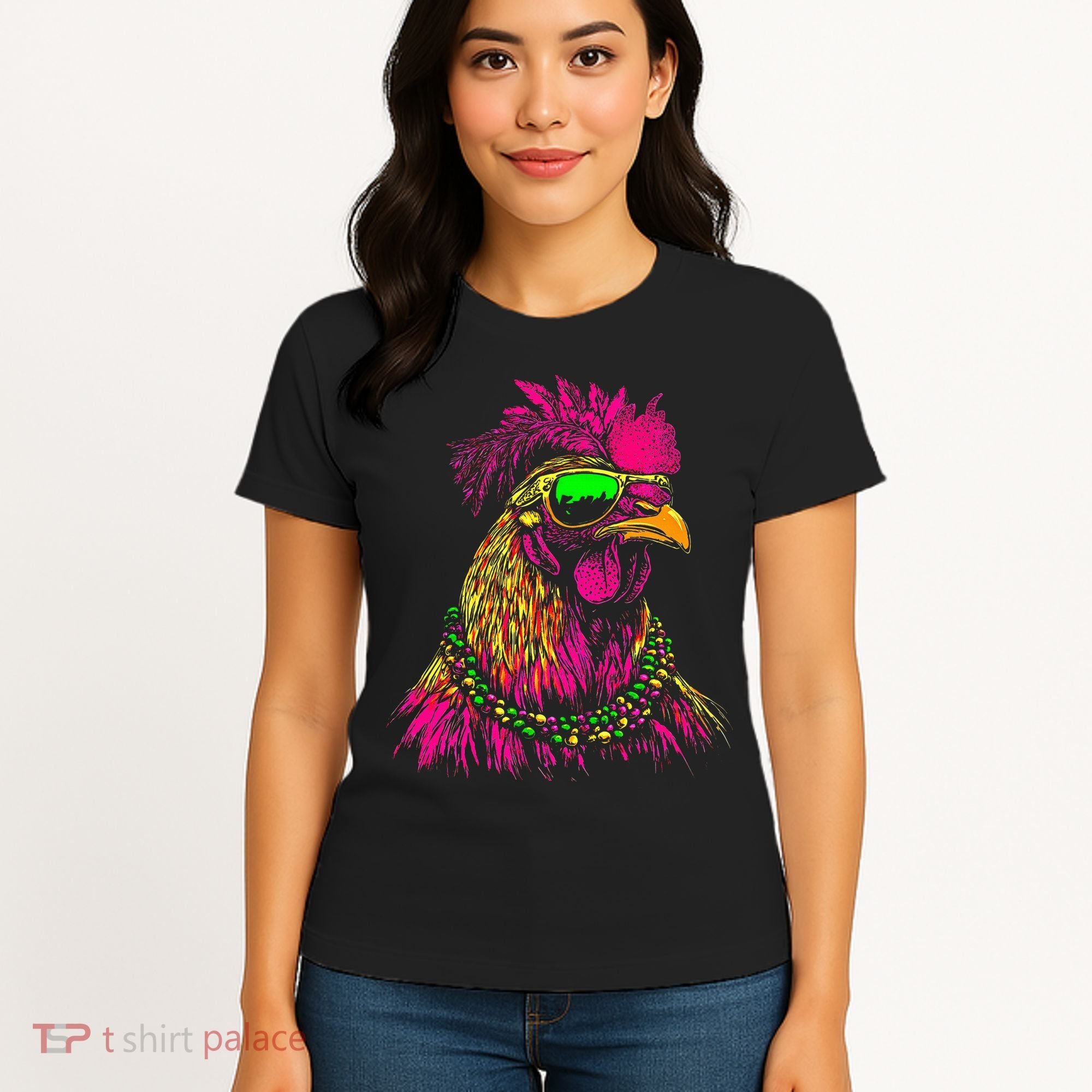 Mardi Gras Chicken Sunglasses Beads Farmer New Orleans Party Women's T-Shirt