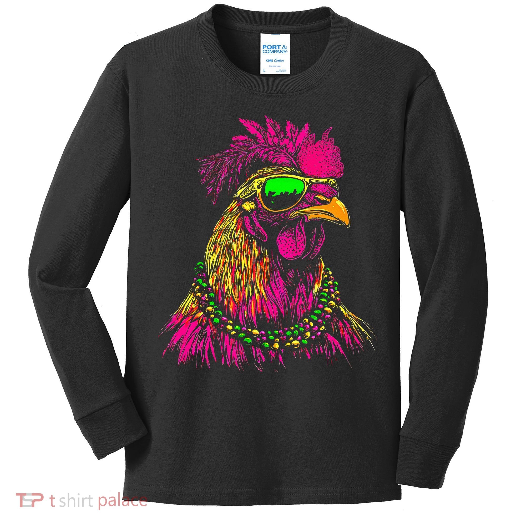 Mardi Gras Chicken Sunglasses Beads Farmer New Orleans Party Kids Long Sleeve Shirt