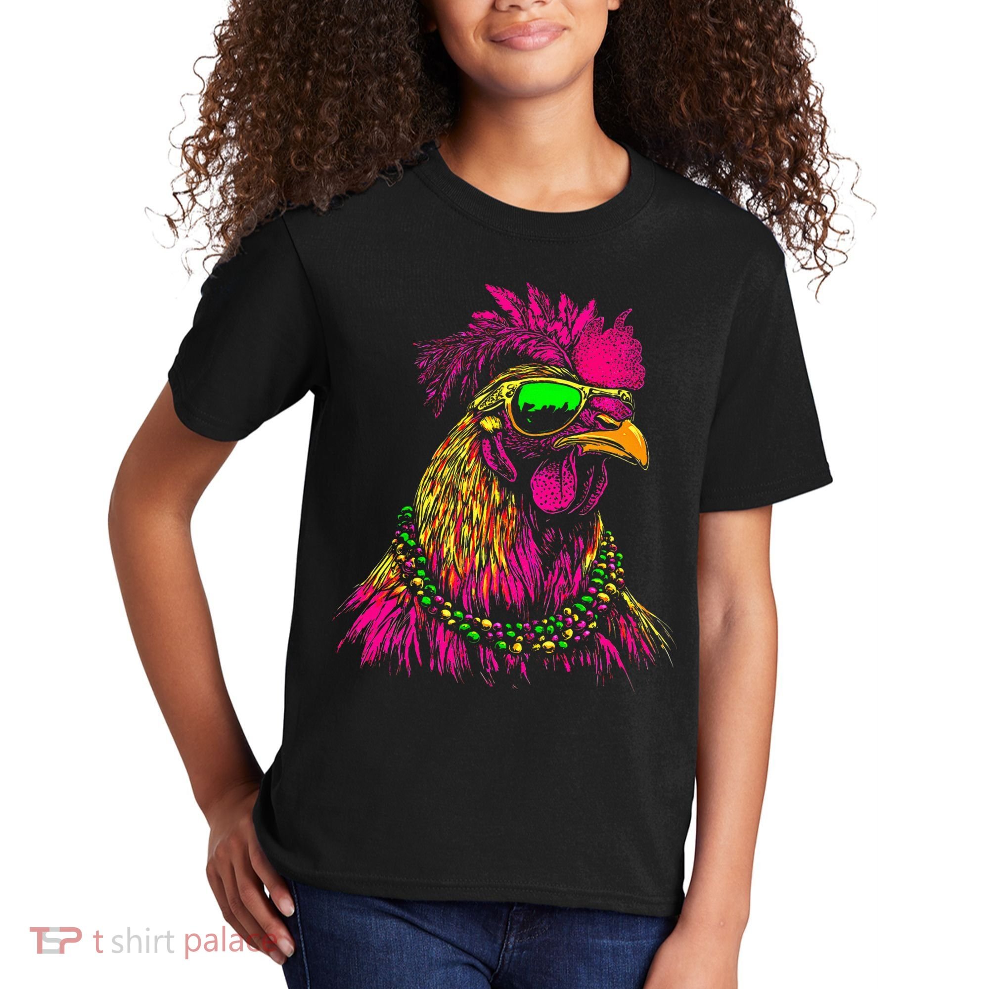 Mardi Gras Chicken Sunglasses Beads Farmer New Orleans Party Kids T-Shirt