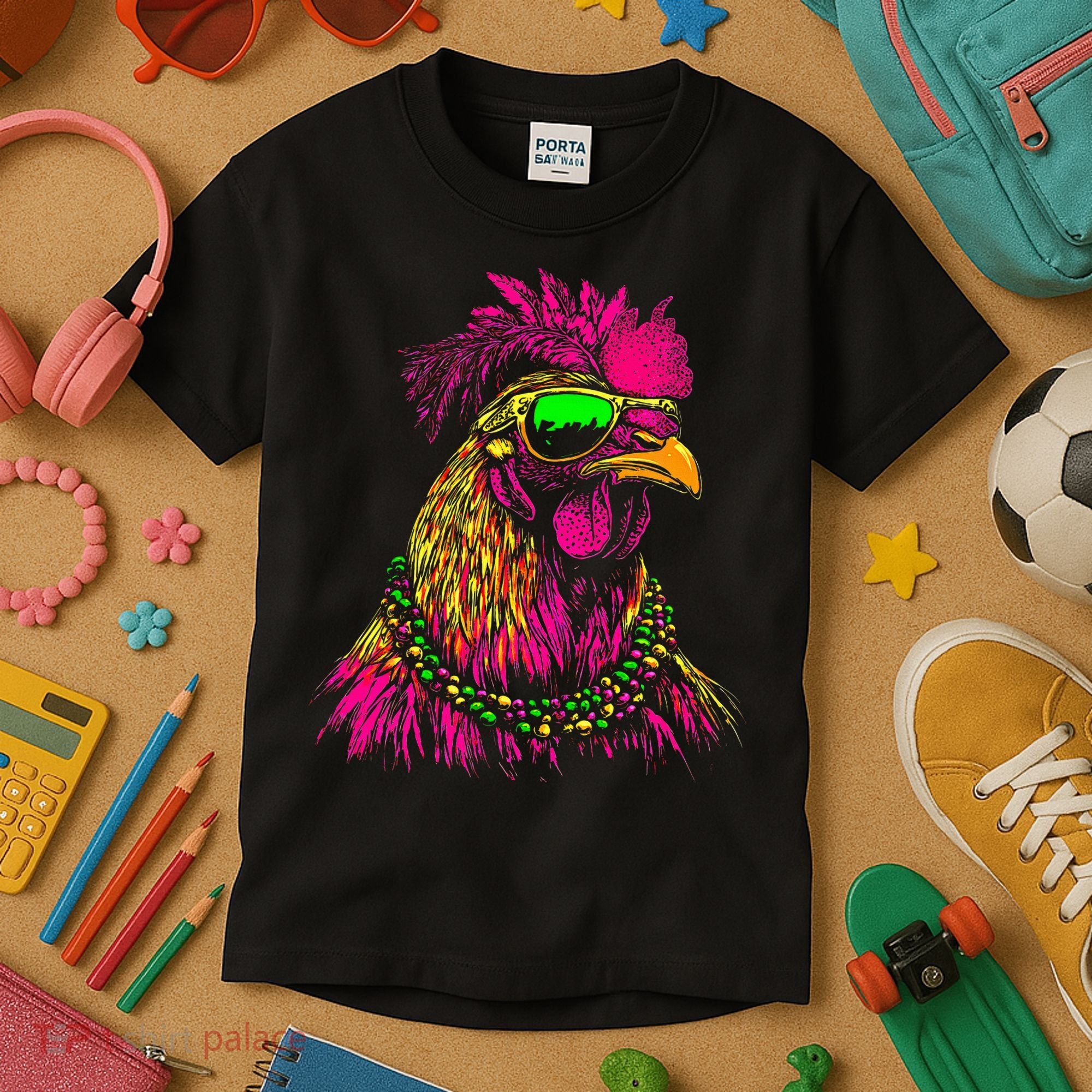 Mardi Gras Chicken Sunglasses Beads Farmer New Orleans Party Kids T-Shirt