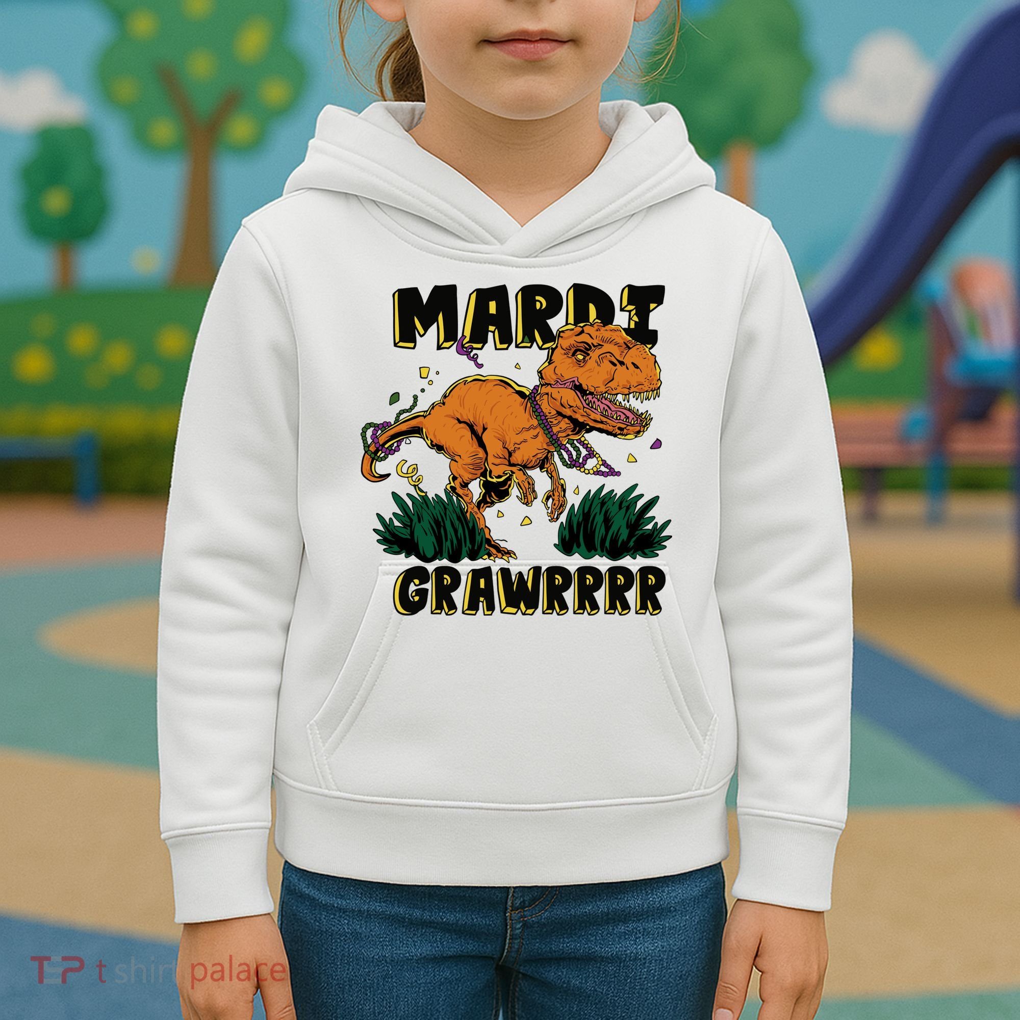 Mardi Gras Dinosaur Celebration Kids Hoodie