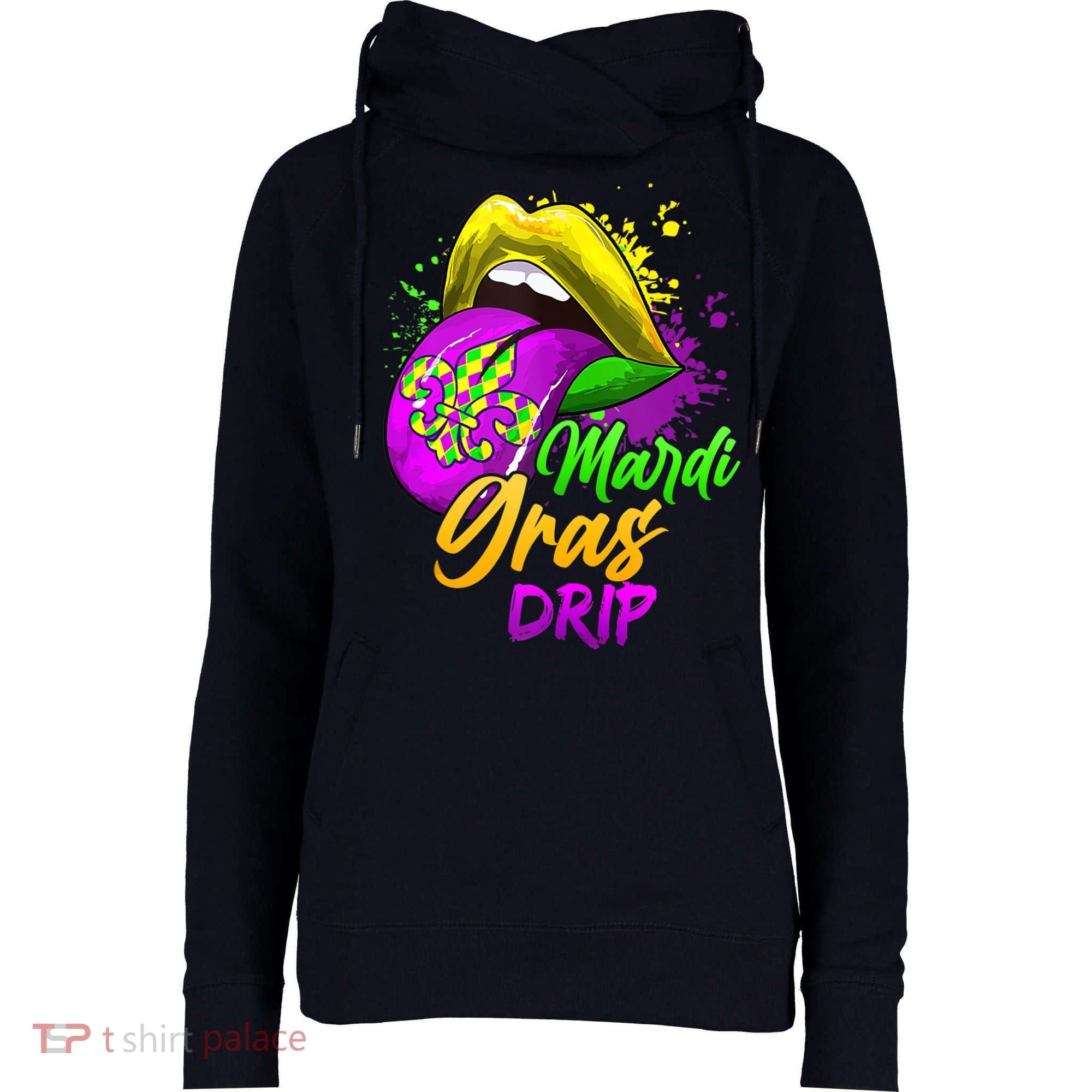Mardi Gras Drip Mardi Gras Womens Funnel Neck Pullover Hood
