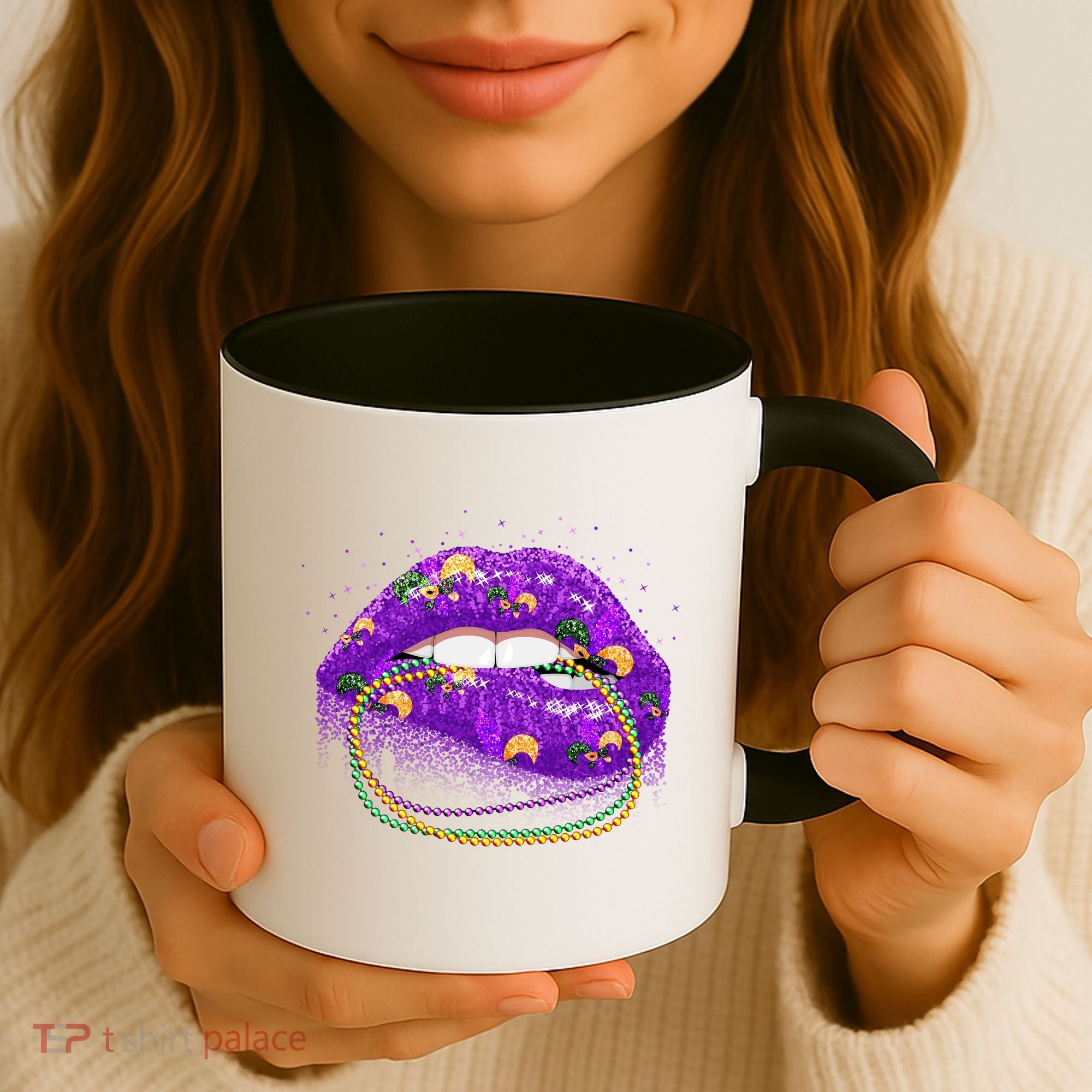 Mardi Gras Glitter Lips And Beads Coffee Mug