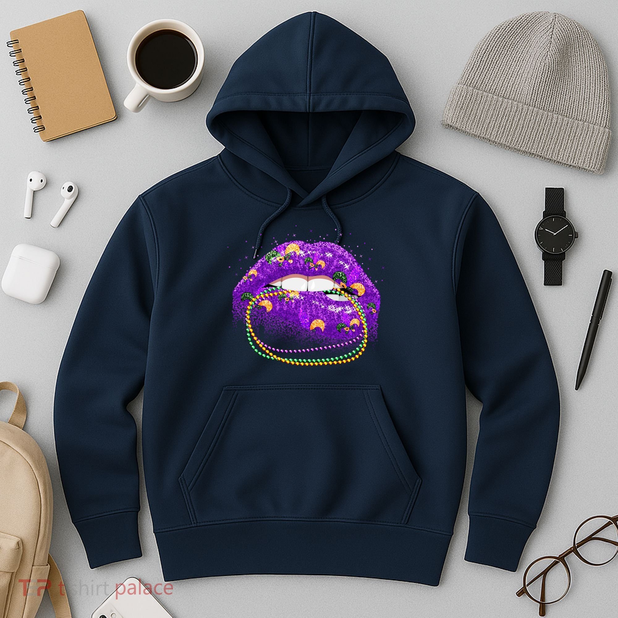 Mardi Gras Glitter Lips And Beads Hoodie