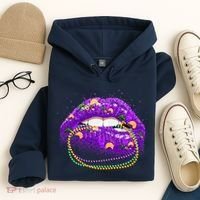 Mardi Gras Glitter Lips And Beads Hoodie thumb 4