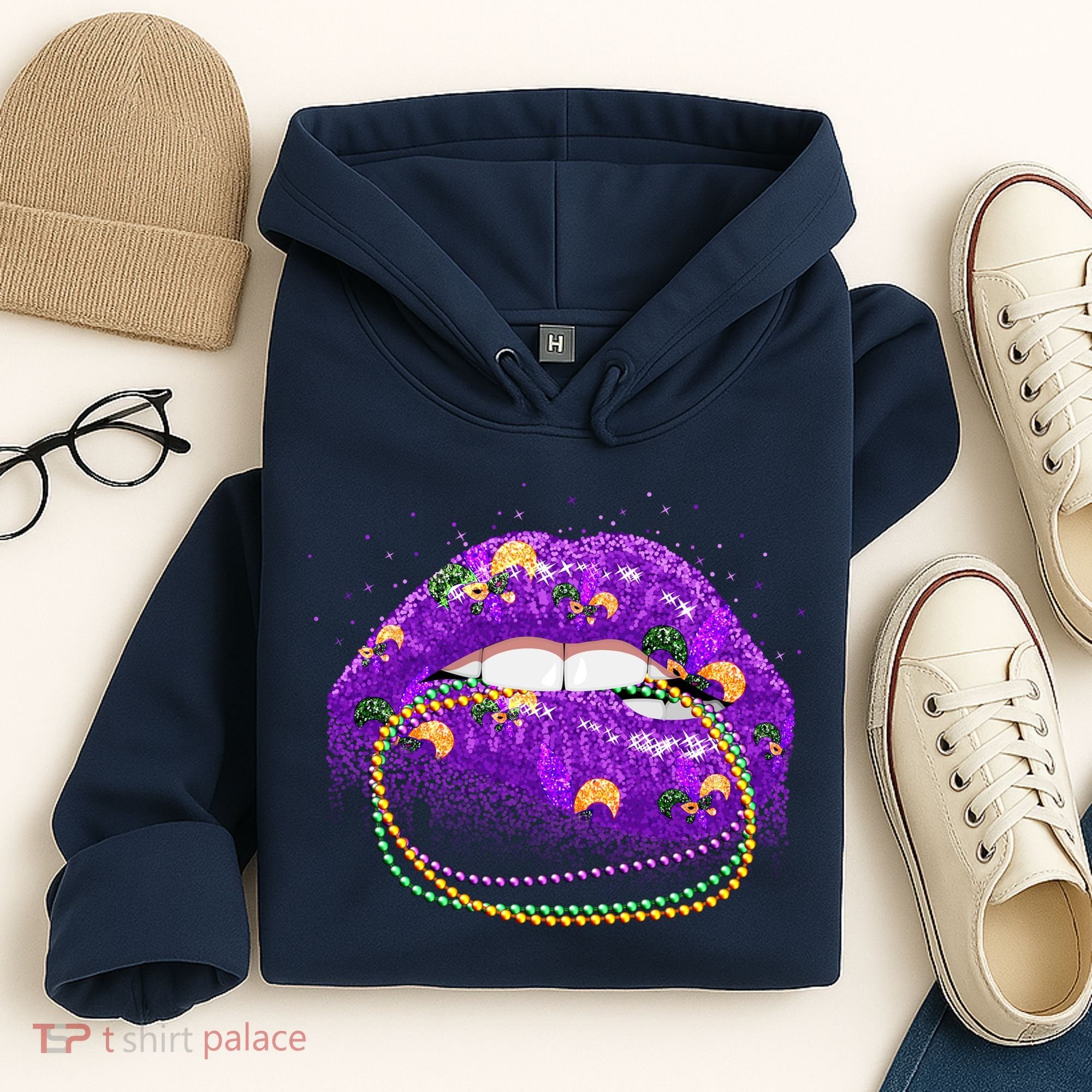 Mardi Gras Glitter Lips And Beads Hoodie