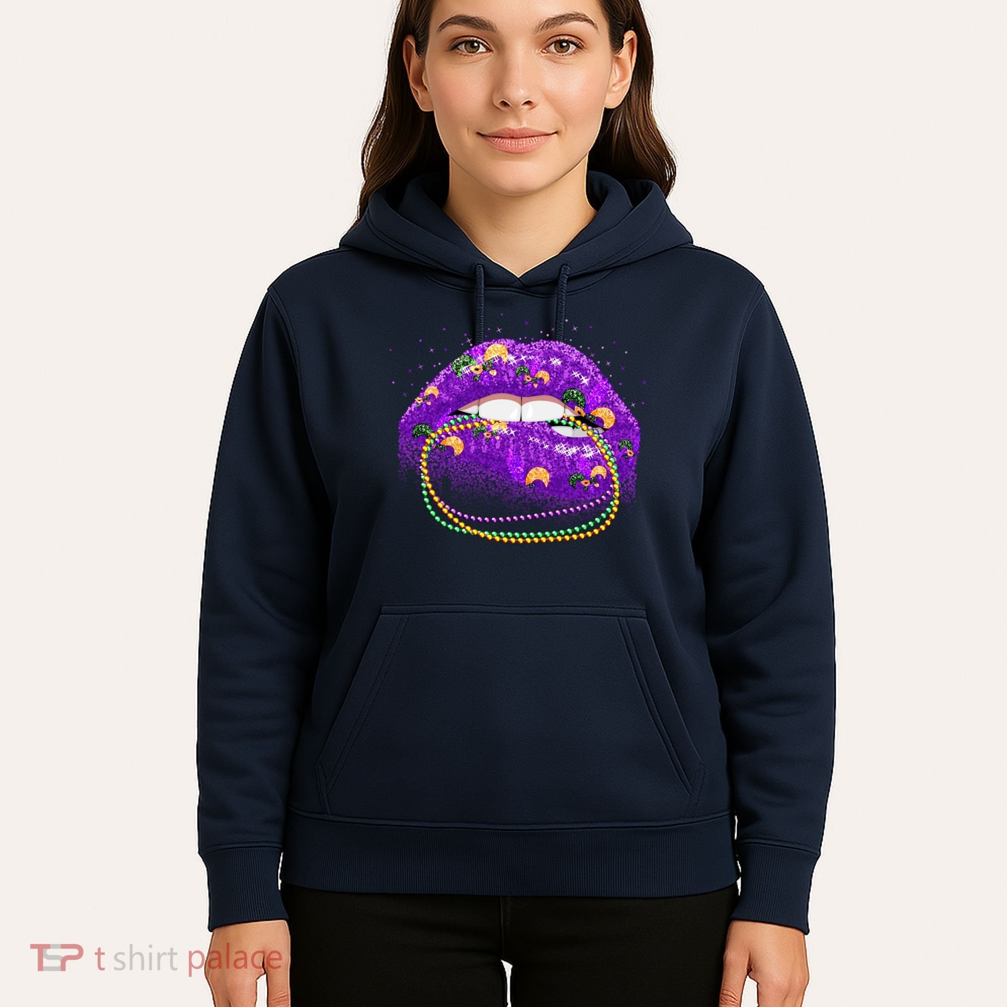 Mardi Gras Glitter Lips And Beads Hoodie