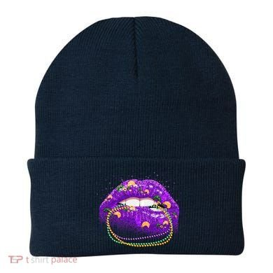 Mardi Gras Glitter Lips And Beads Beanie