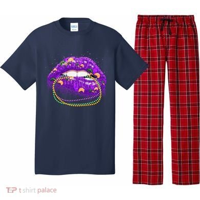 Mardi Gras Glitter Lips And Beads Pajama Set