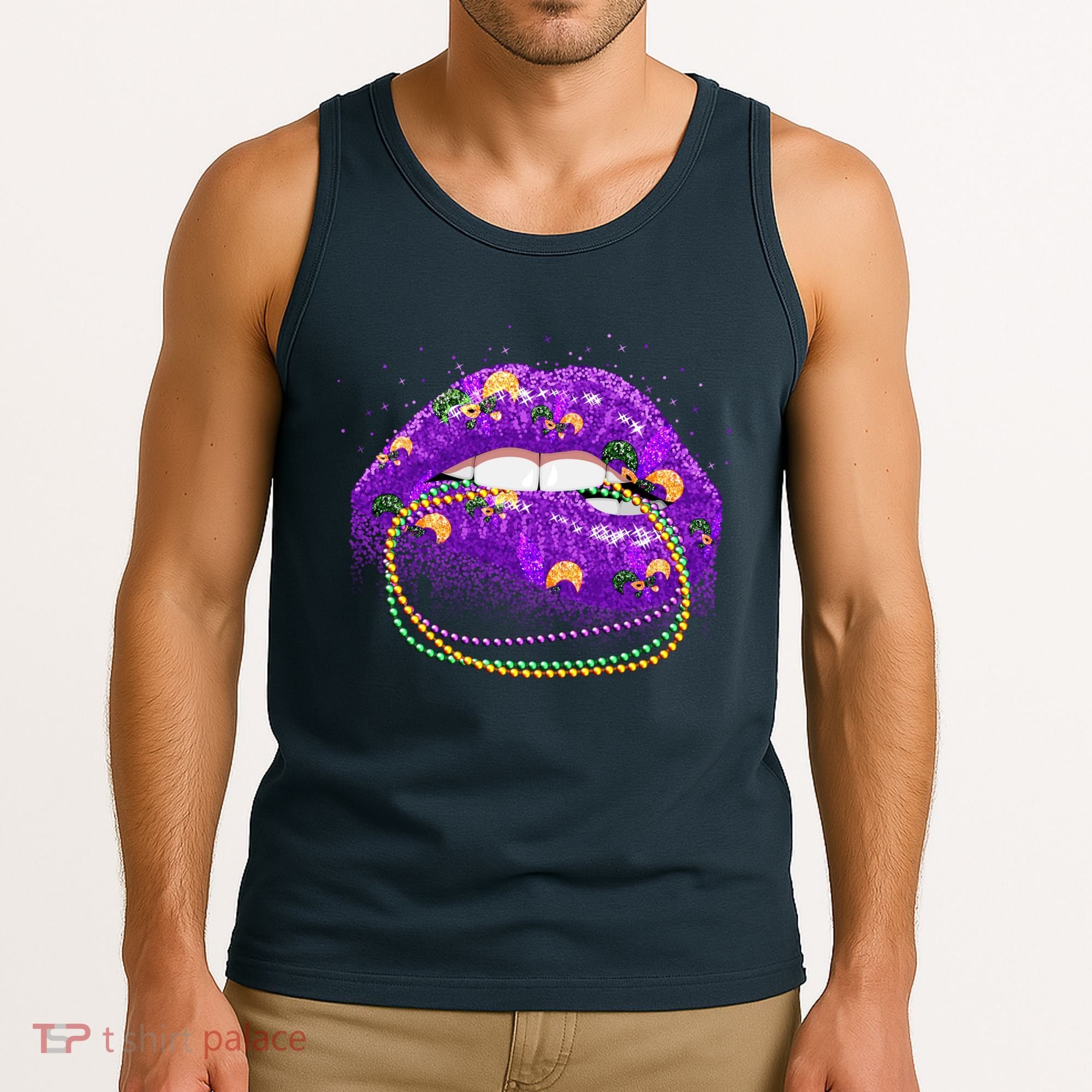 Mardi Gras Glitter Lips And Beads Tank Top