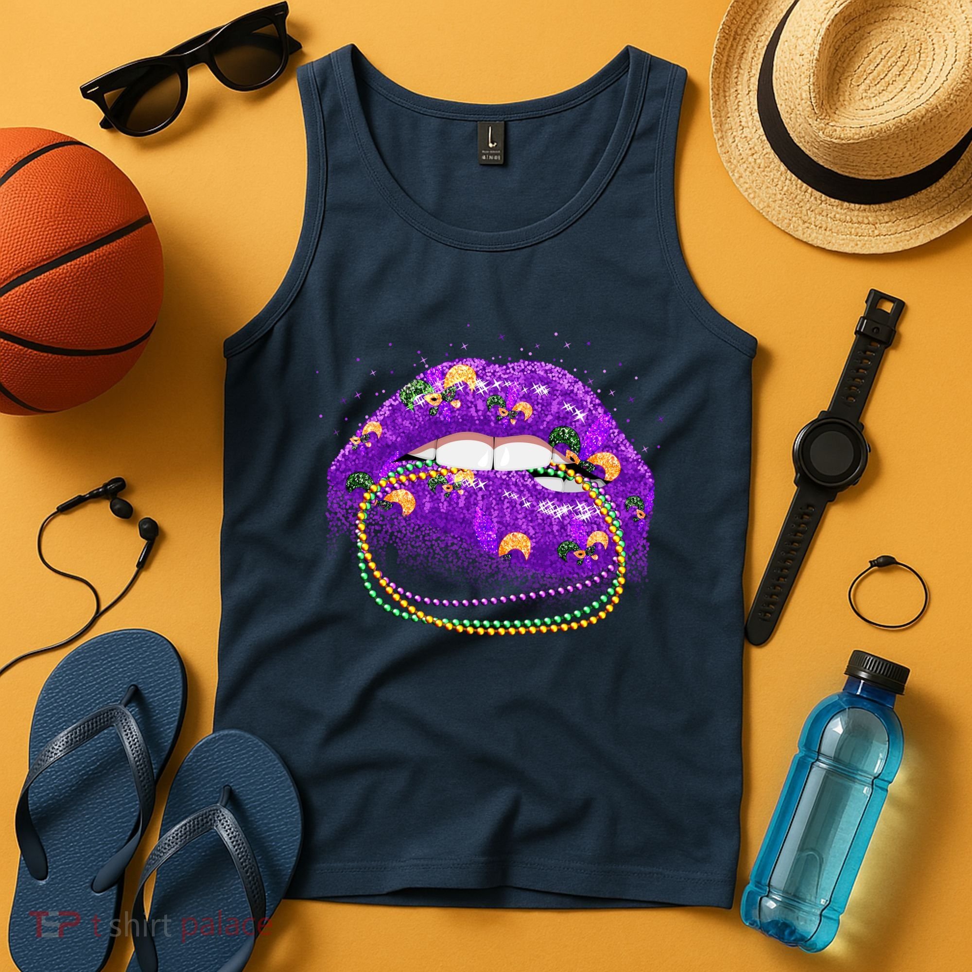 Mardi Gras Glitter Lips And Beads Tank Top