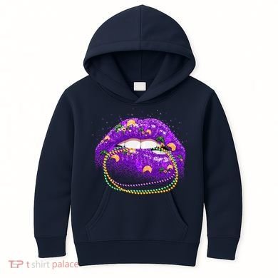Mardi Gras Glitter Lips And Beads Kids Hoodie