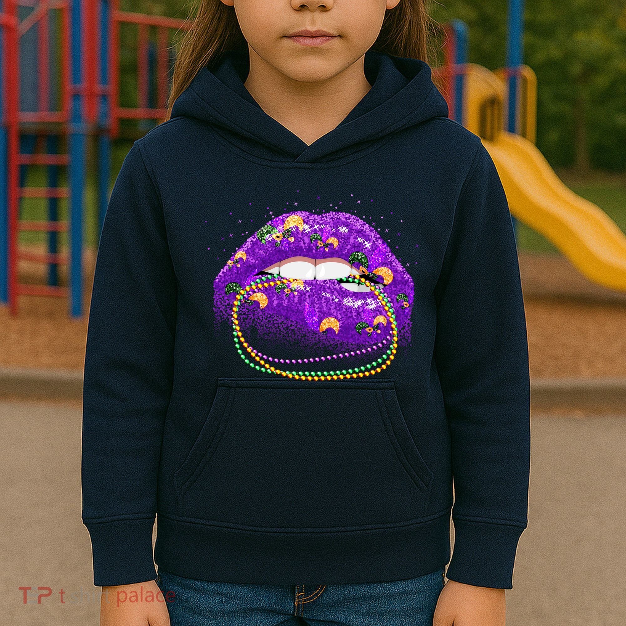 Mardi Gras Glitter Lips And Beads Kids Hoodie