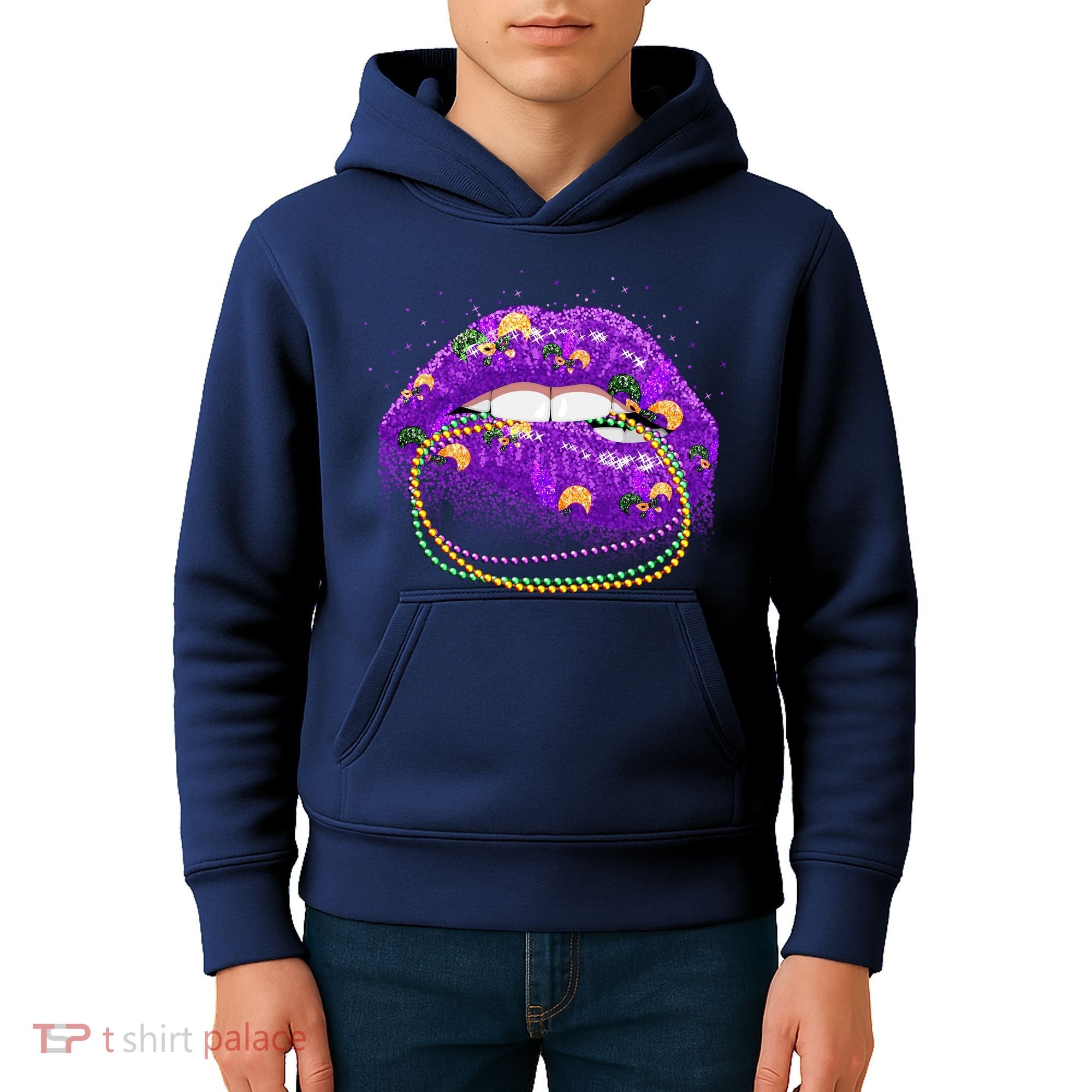 Mardi Gras Glitter Lips And Beads Kids Hoodie