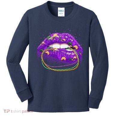 Mardi Gras Glitter Lips And Beads Kids Long Sleeve Shirt