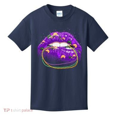 Mardi Gras Glitter Lips And Beads Kids T-Shirt