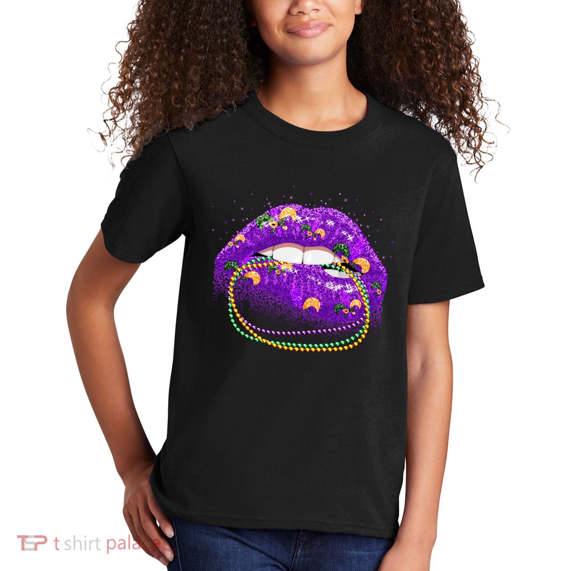 Mardi Gras Glitter Lips And Beads Kids T-Shirt