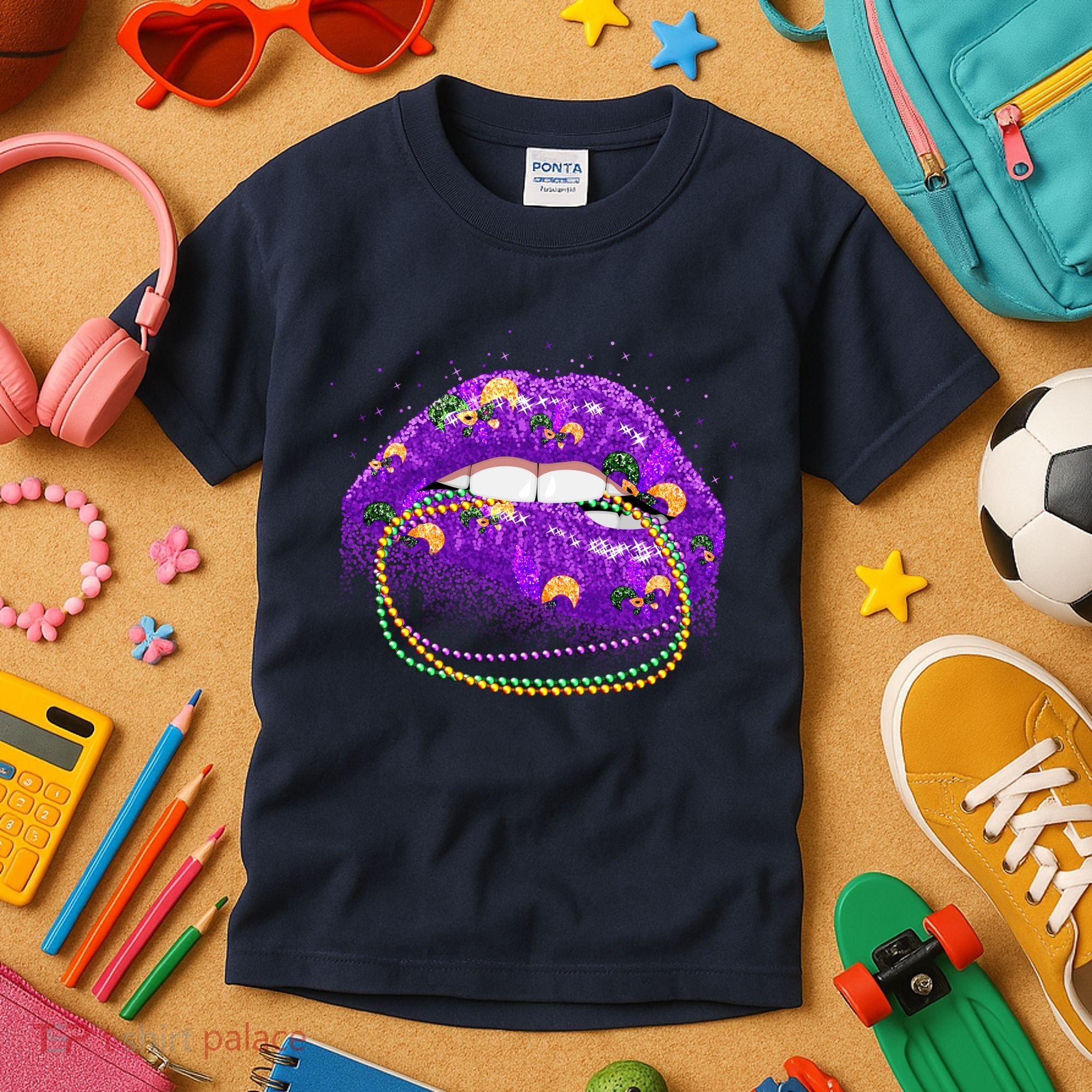 Mardi Gras Glitter Lips And Beads Kids T-Shirt