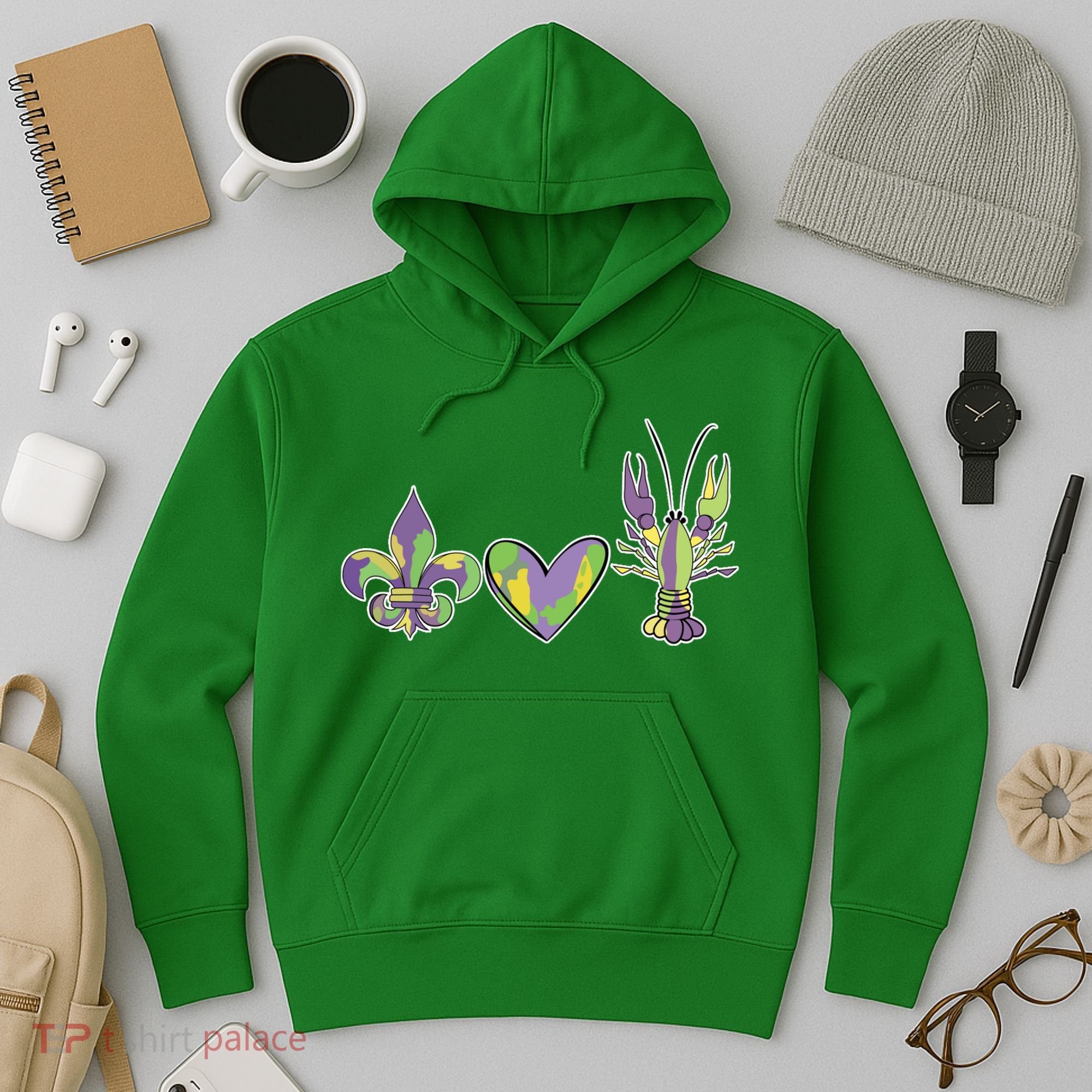 Mardi Gras Heart Crawfish Celebration Hoodie